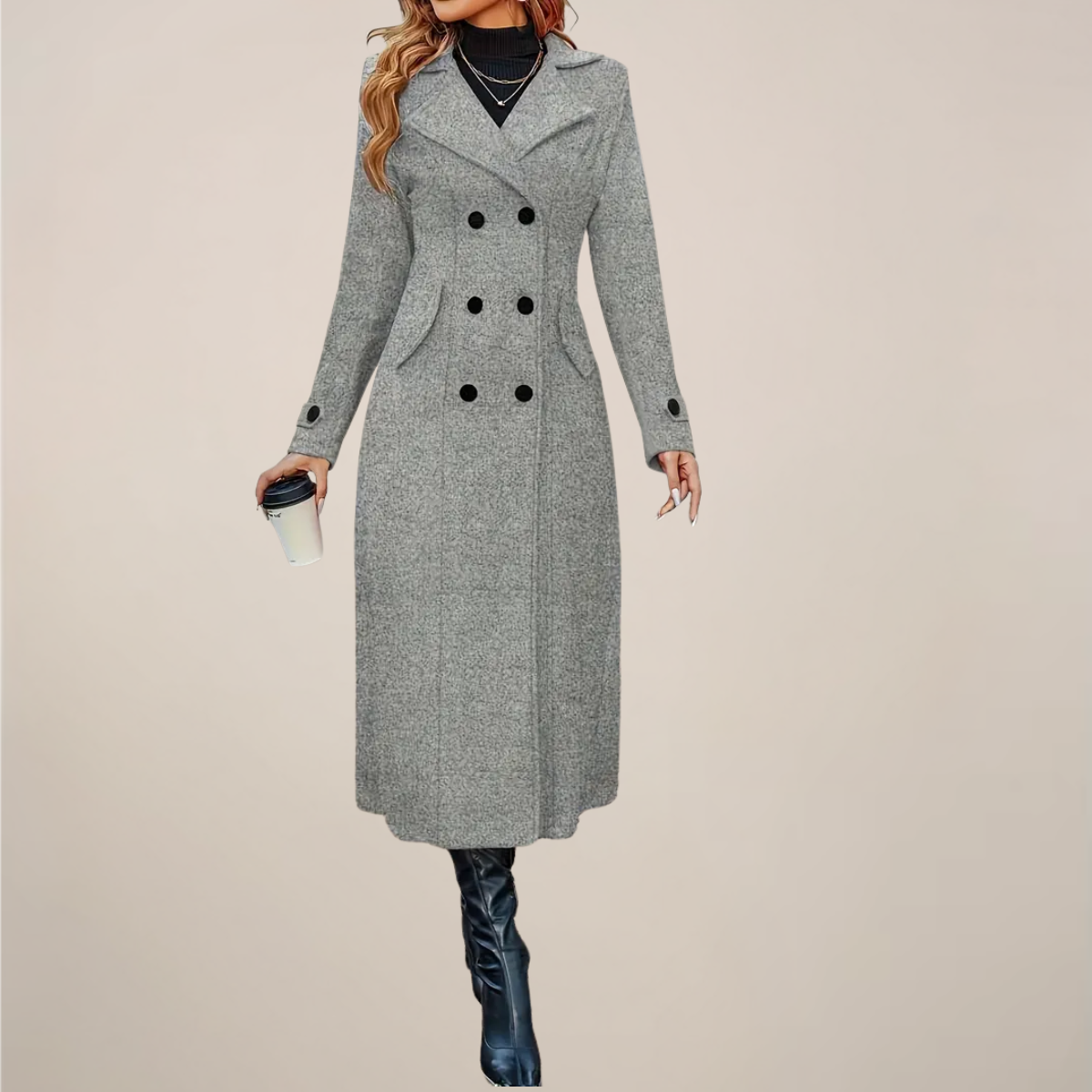 Women’s Double-Breasted Long Overcoat – Tailored Lapel Design for Autumn & Winter