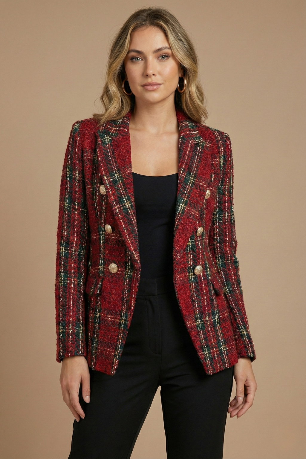 Women’s Tweed Check Double-Breasted Blazer – Vintage Fit, Gold Buttons