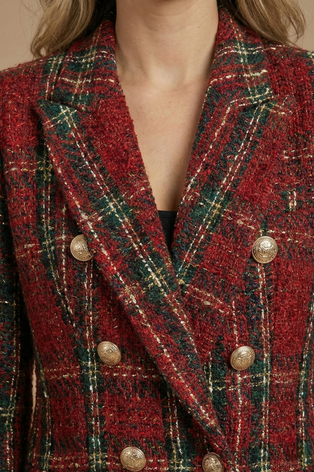 Women’s Tweed Check Double-Breasted Blazer – Vintage Fit, Gold Buttons