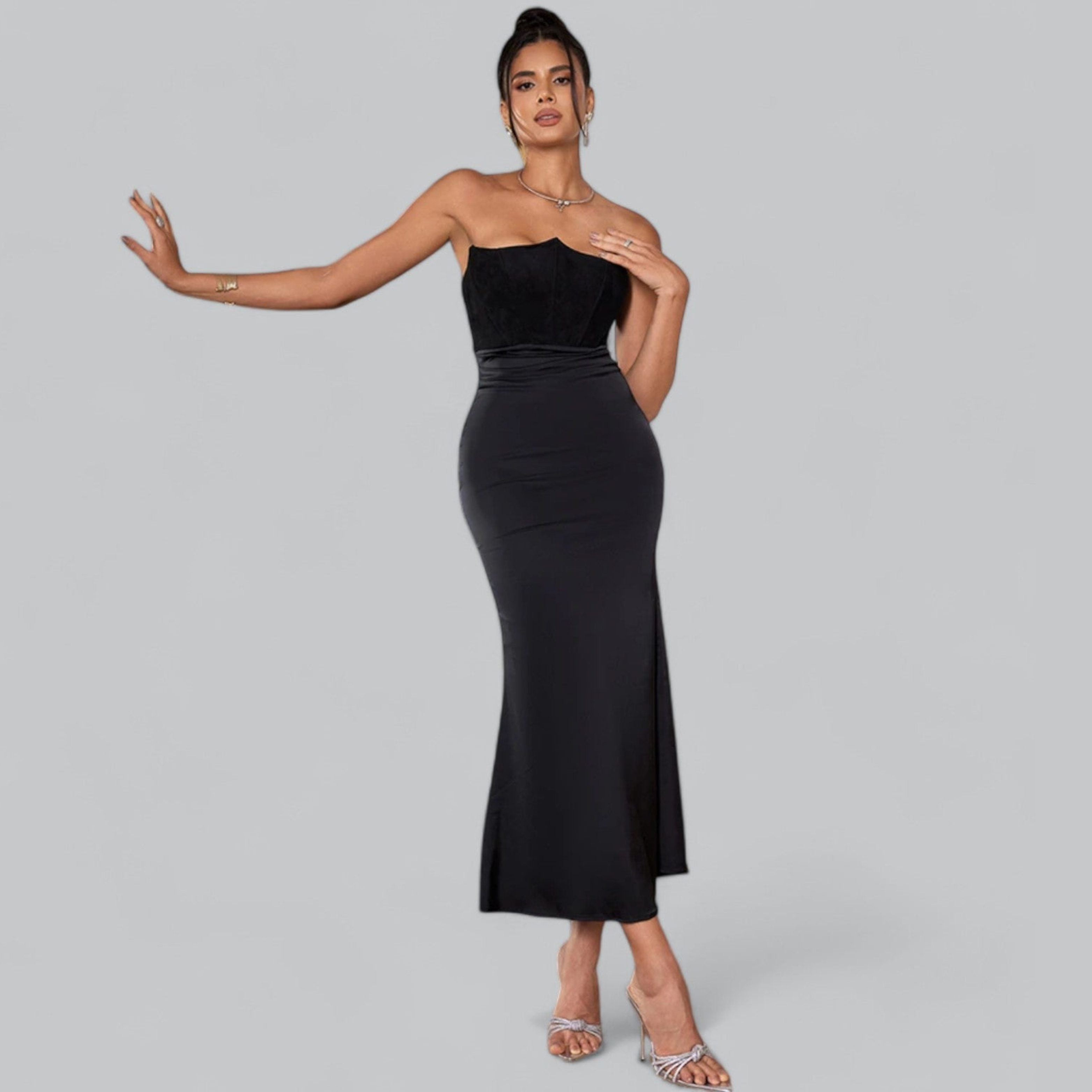 Elegant Strapless Corset Velvet Sheath Maxi Dress