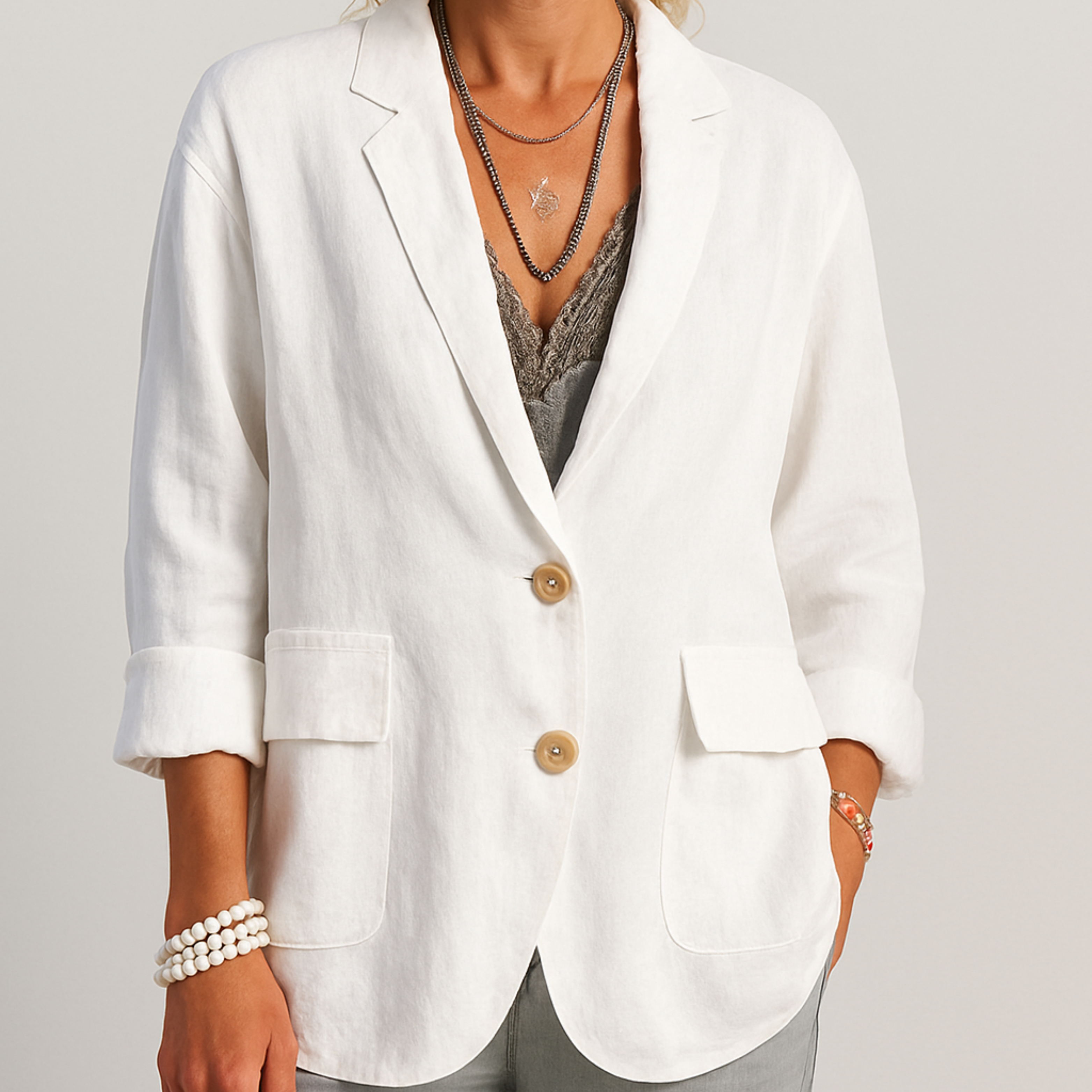 Women’s Oversized Relaxed Blazer – White Two-Button Design