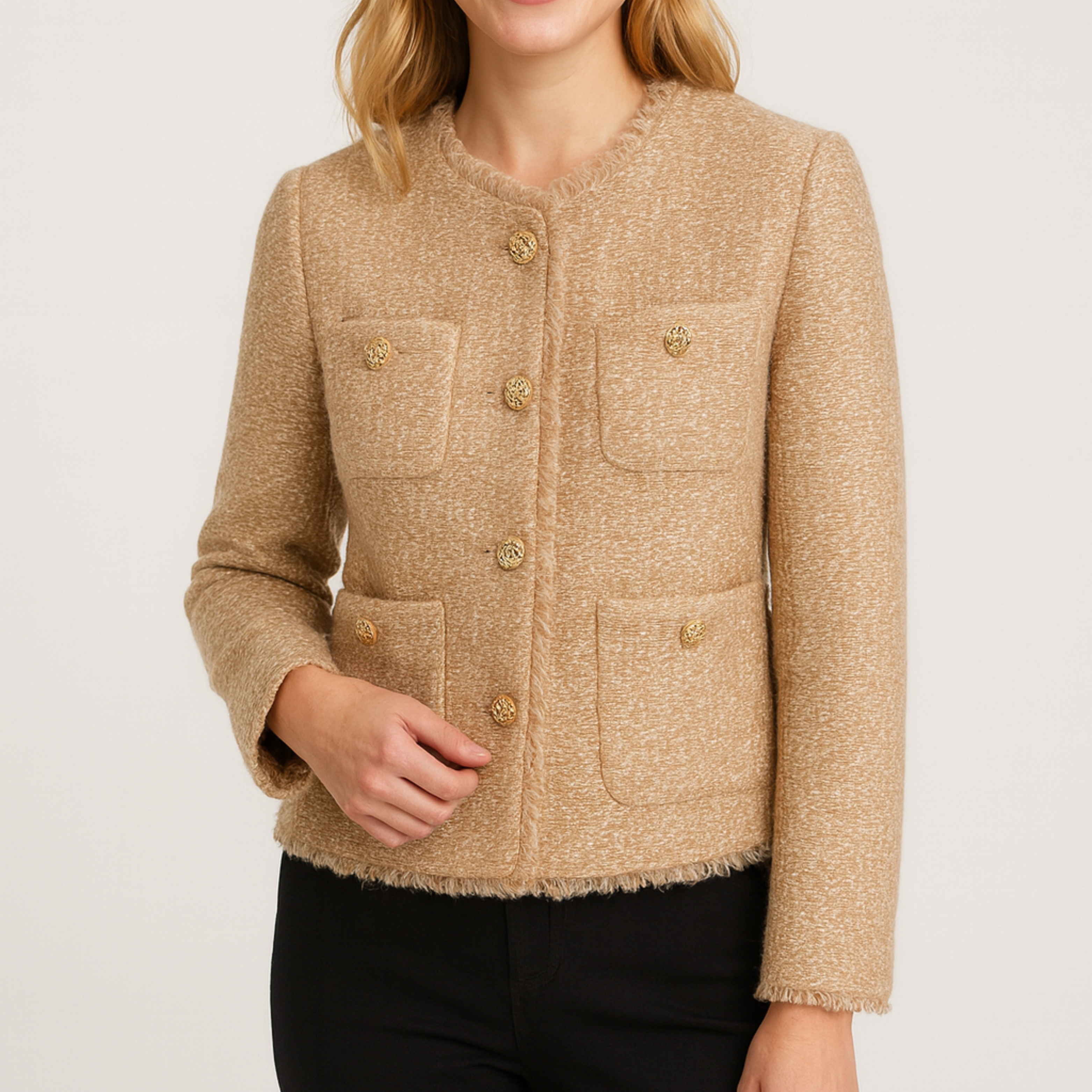 Women’s Blazer Jacket – Collarless, Gold Buttons, Four Pockets