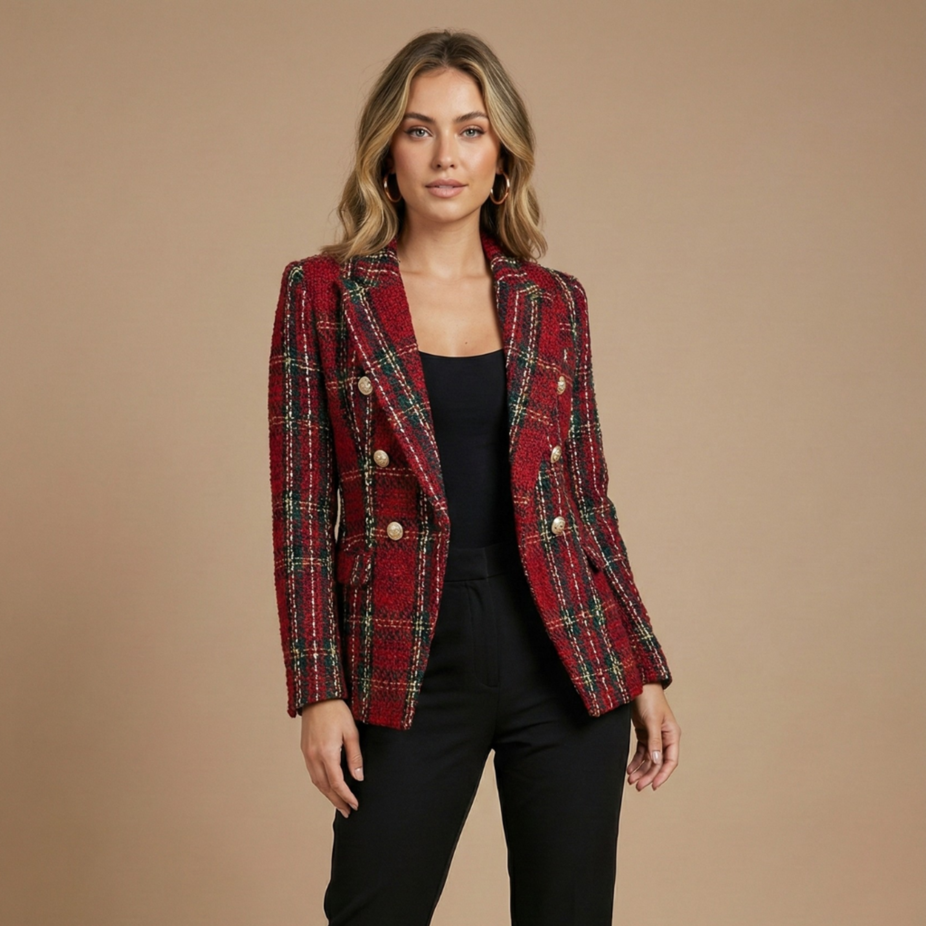 Women’s Tweed Check Double-Breasted Blazer – Vintage Fit, Gold Buttons