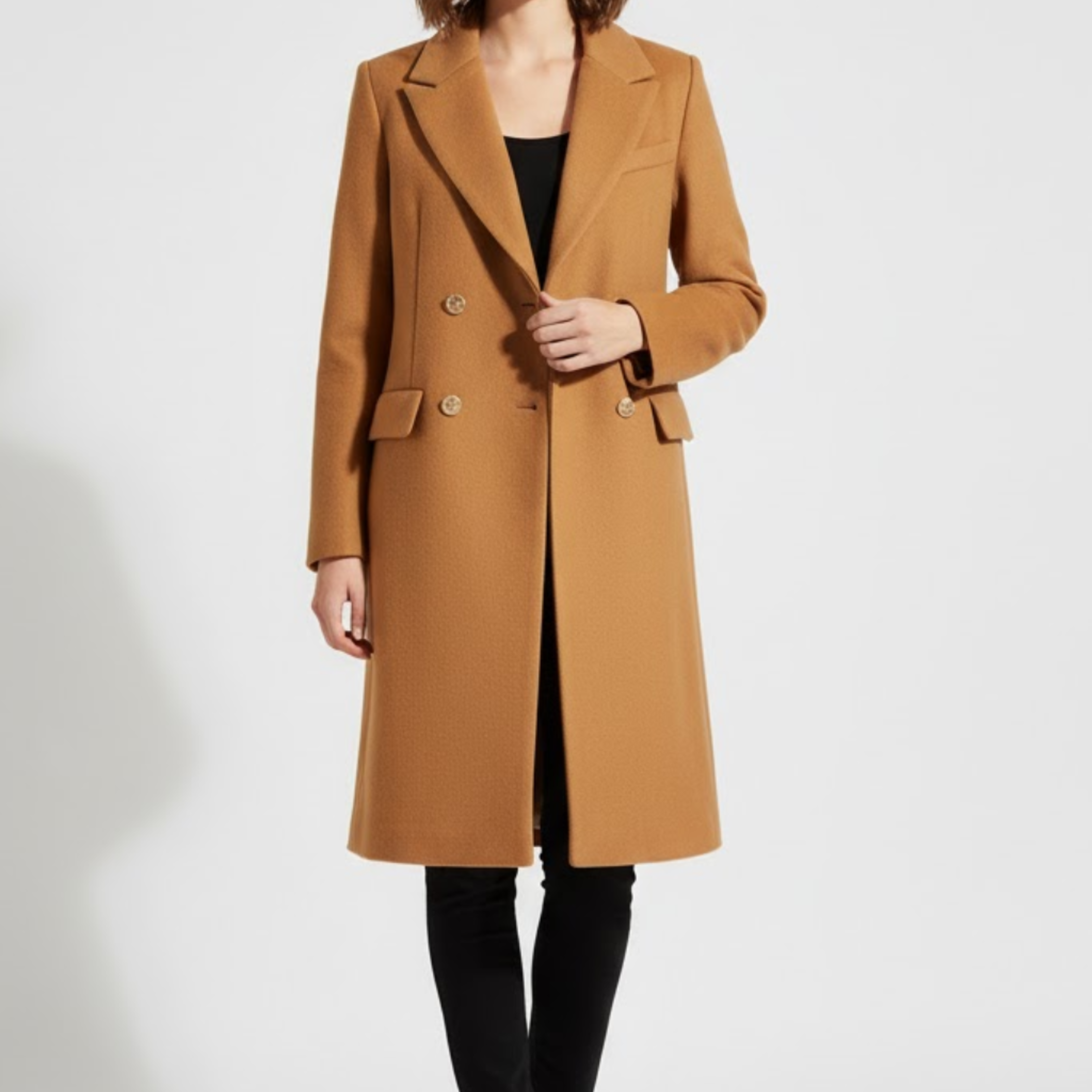 Women’s Camel Structured Peacoat – Double-Breasted with Gold Buttons