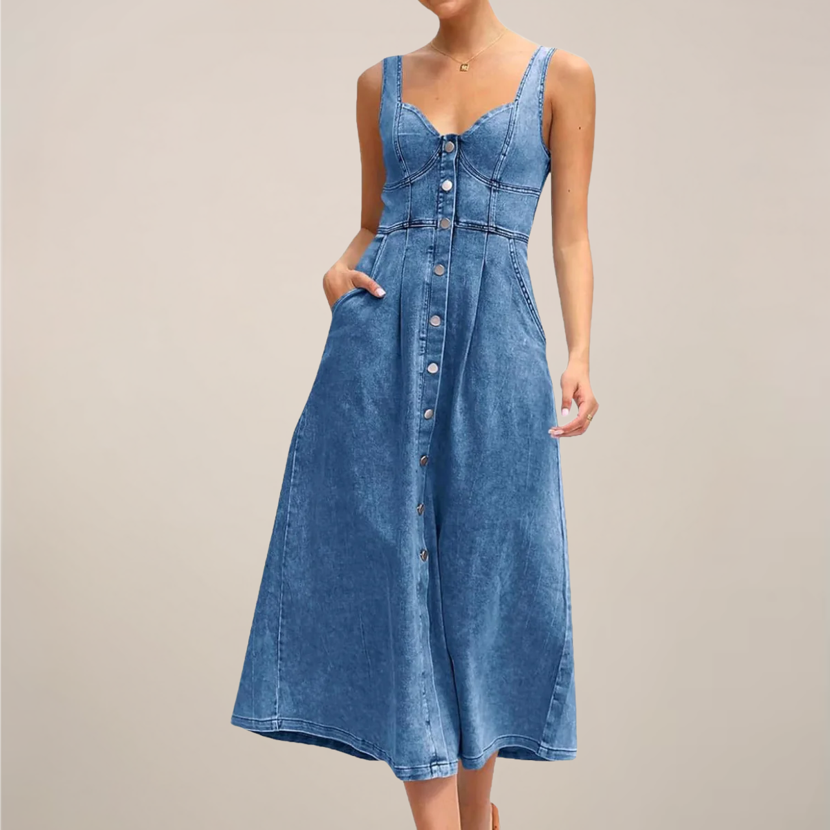 Sleeveless Button-Front Denim Midi Dress – Timeless Style, Effortless Appeal