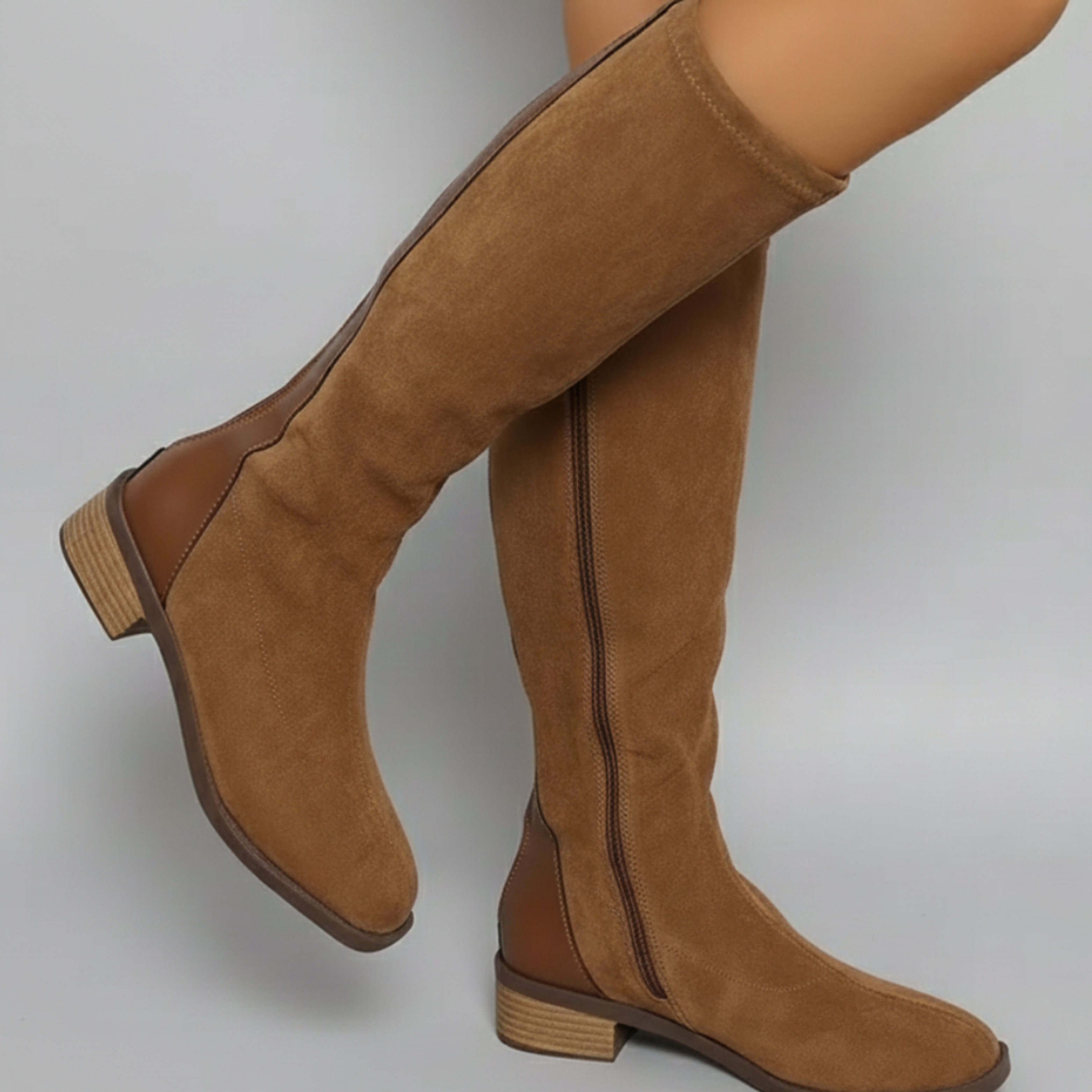 Women’s Camel Knee-High Boots – Classic Suede Look with Block Heel