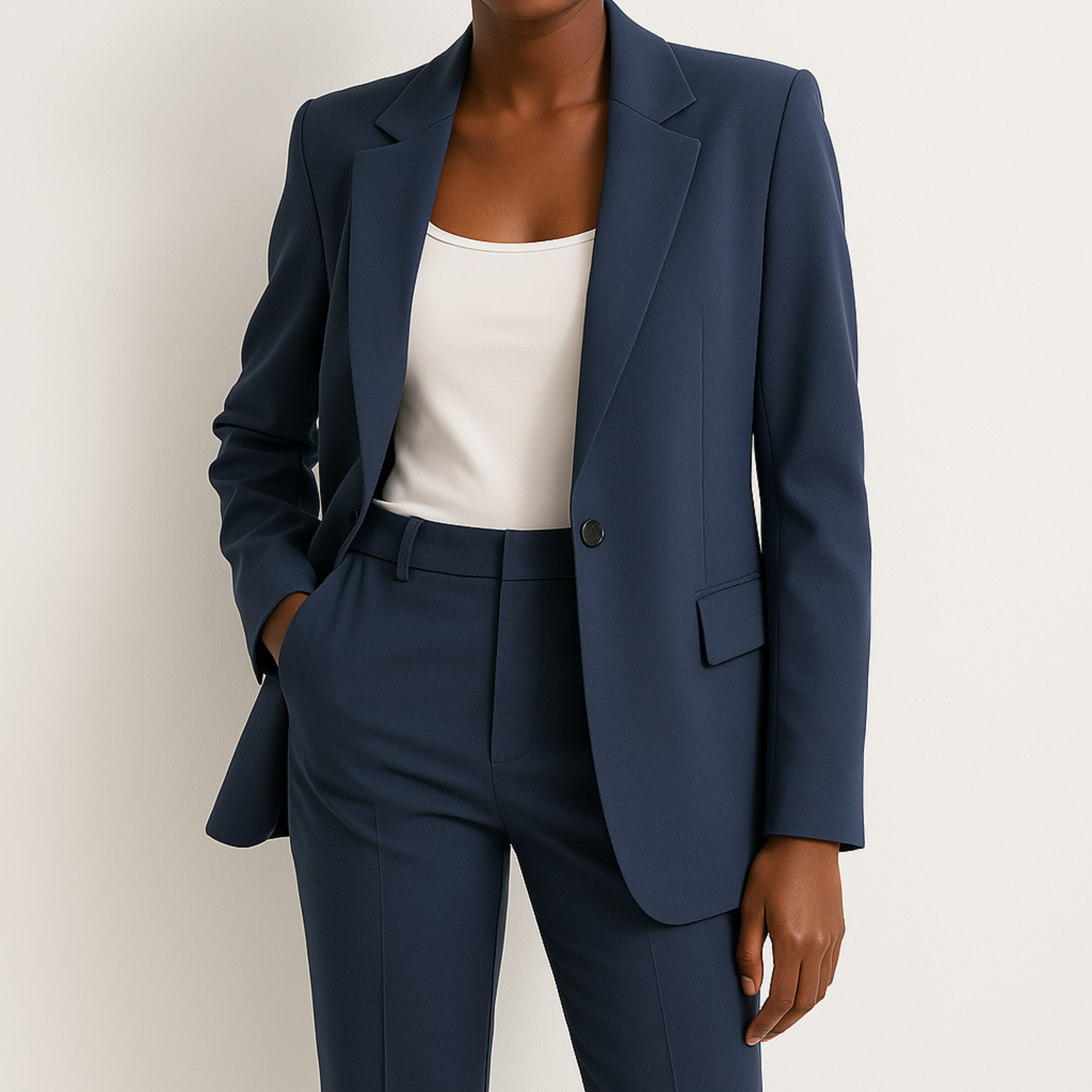 Women’s Navy Blue Trouser Suit – Beige Tailored Blazer & Straight-Leg Trousers