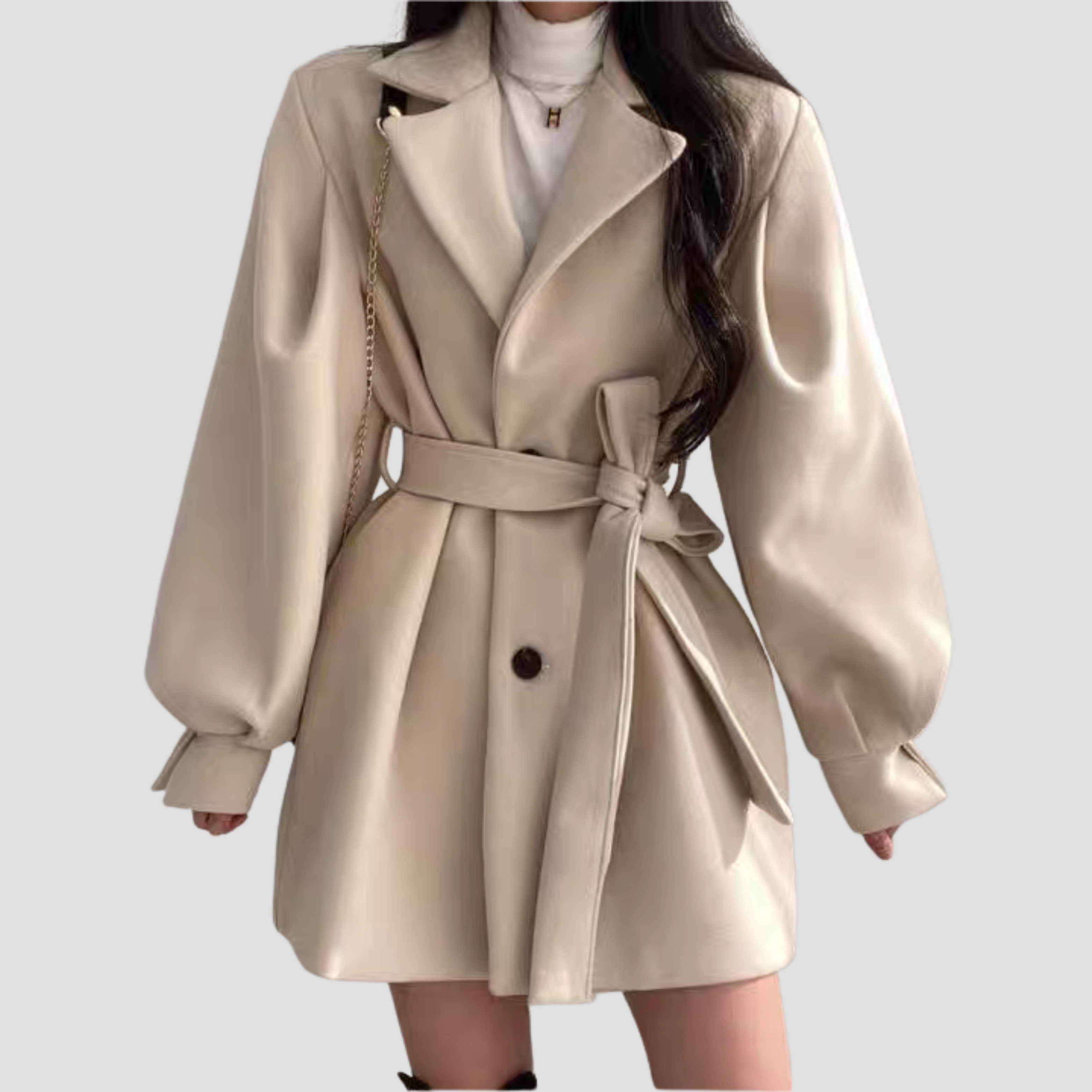 Women’s Puff Sleeve Belted Coat – Lapel Collar, Short Length