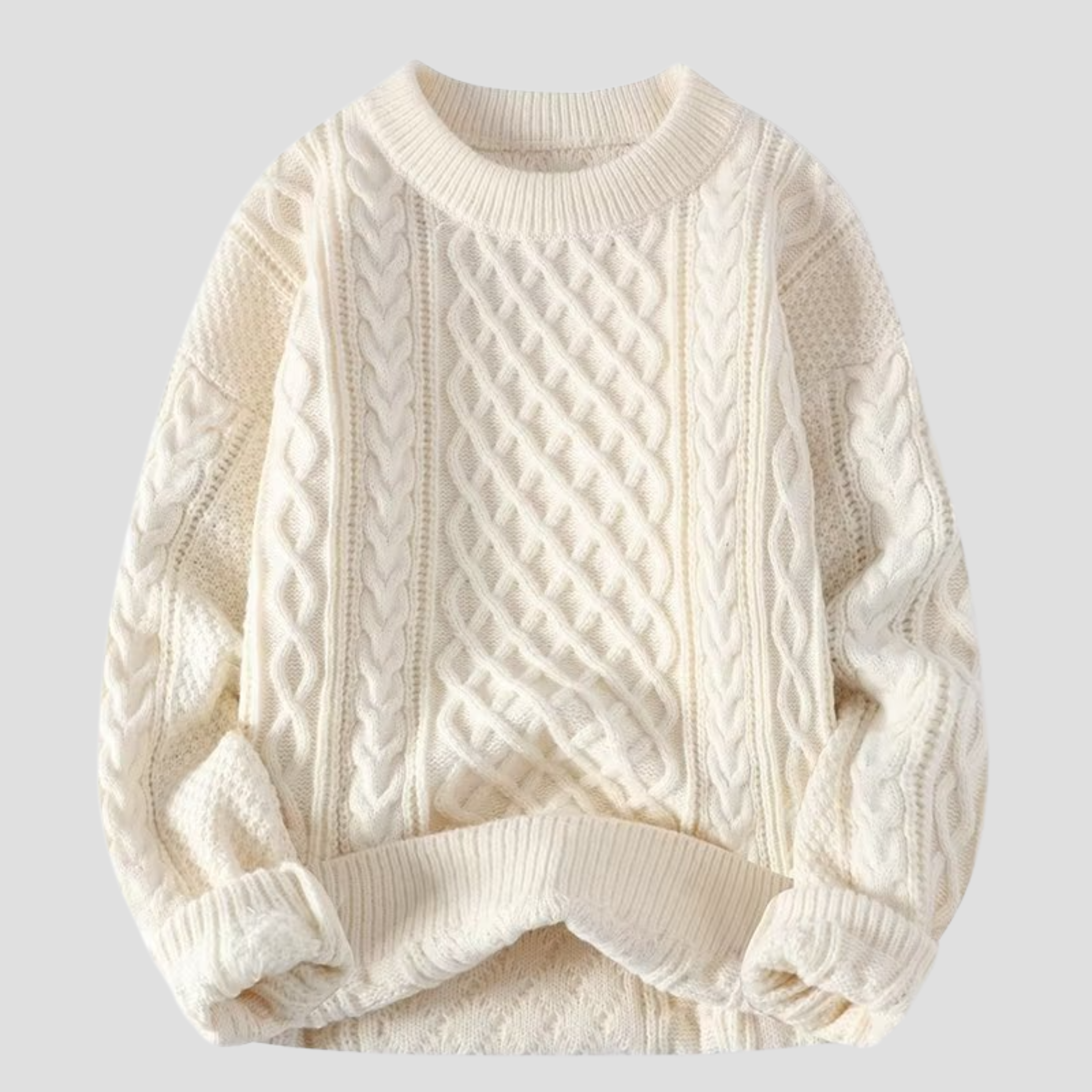 Women’s Cable Knit Sweater – Cream, Chunky Fisherman, Crew Neck