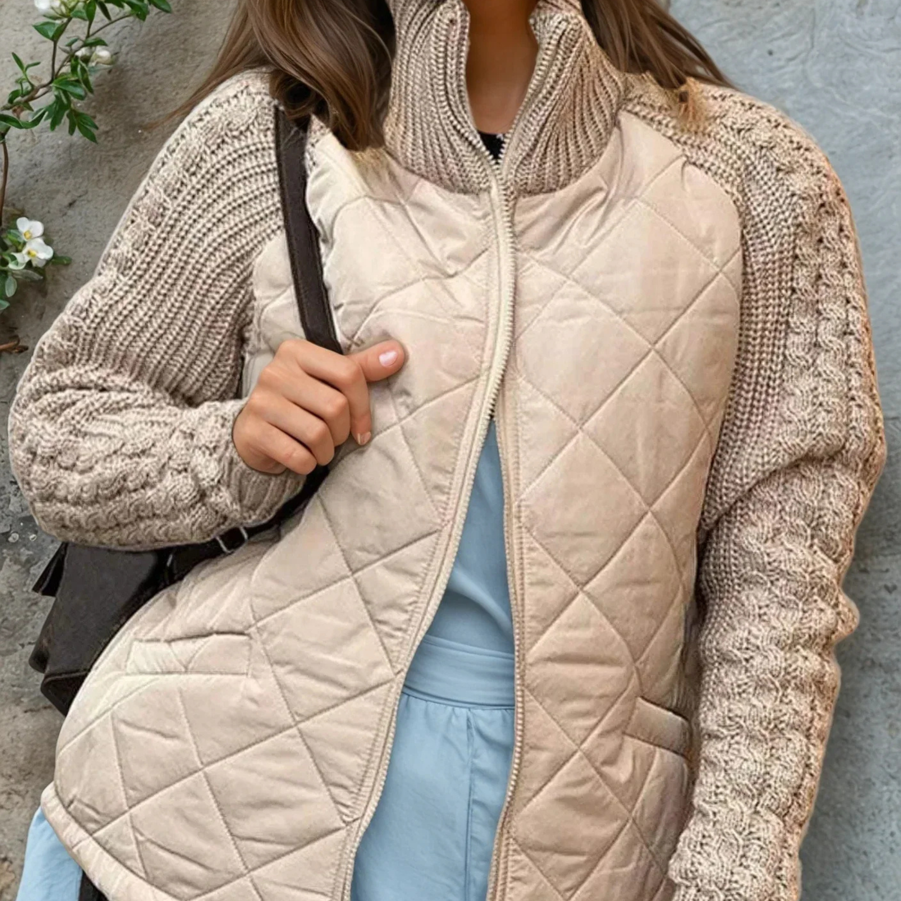 Women’s Quilted Jacket – Textured Sleeves, Funnel Neck, Zip Front