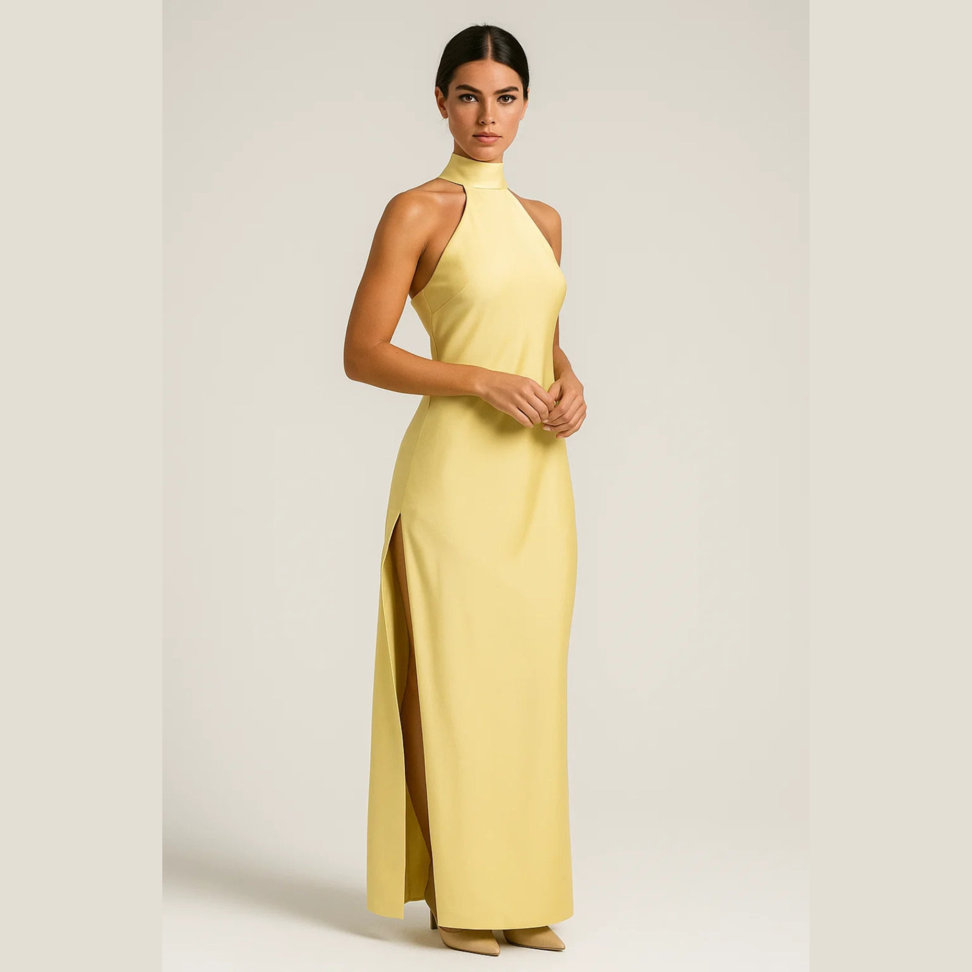 Women’s Halter Neck Maxi Dress – Elegant Sleeveless Silhouette with Side Slit and Tie-Back Closure