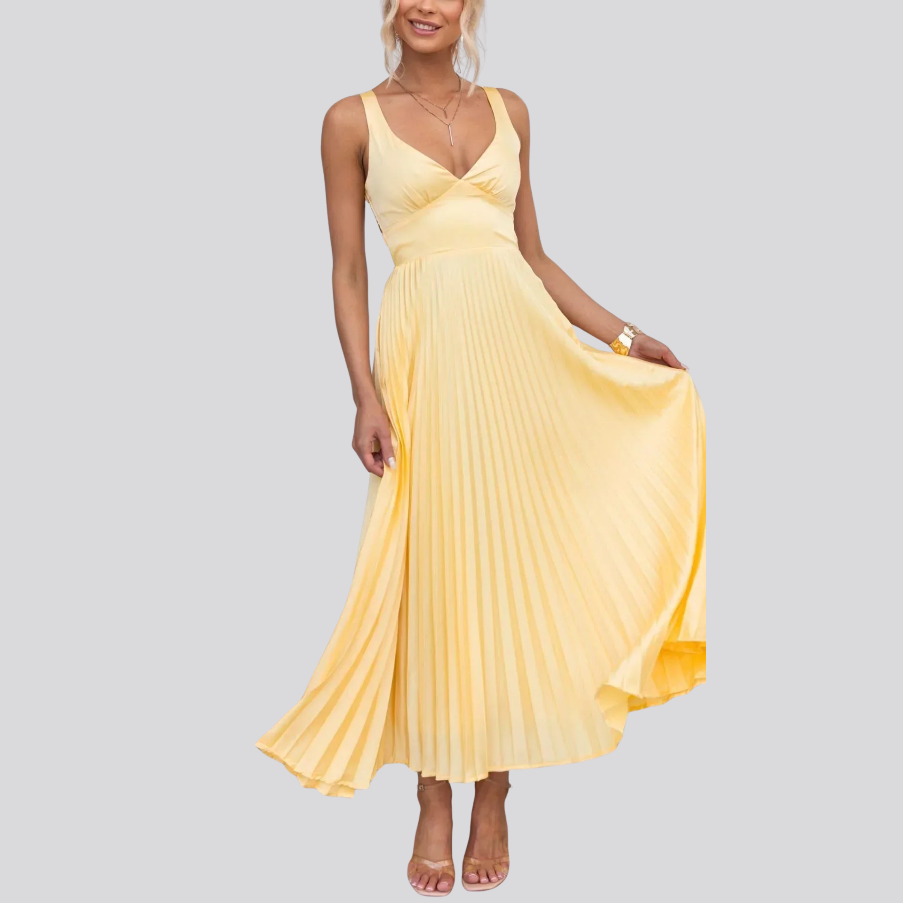 Yellow V-Neck Pleated Maxi Dress – Elegant Back-Strap Gown