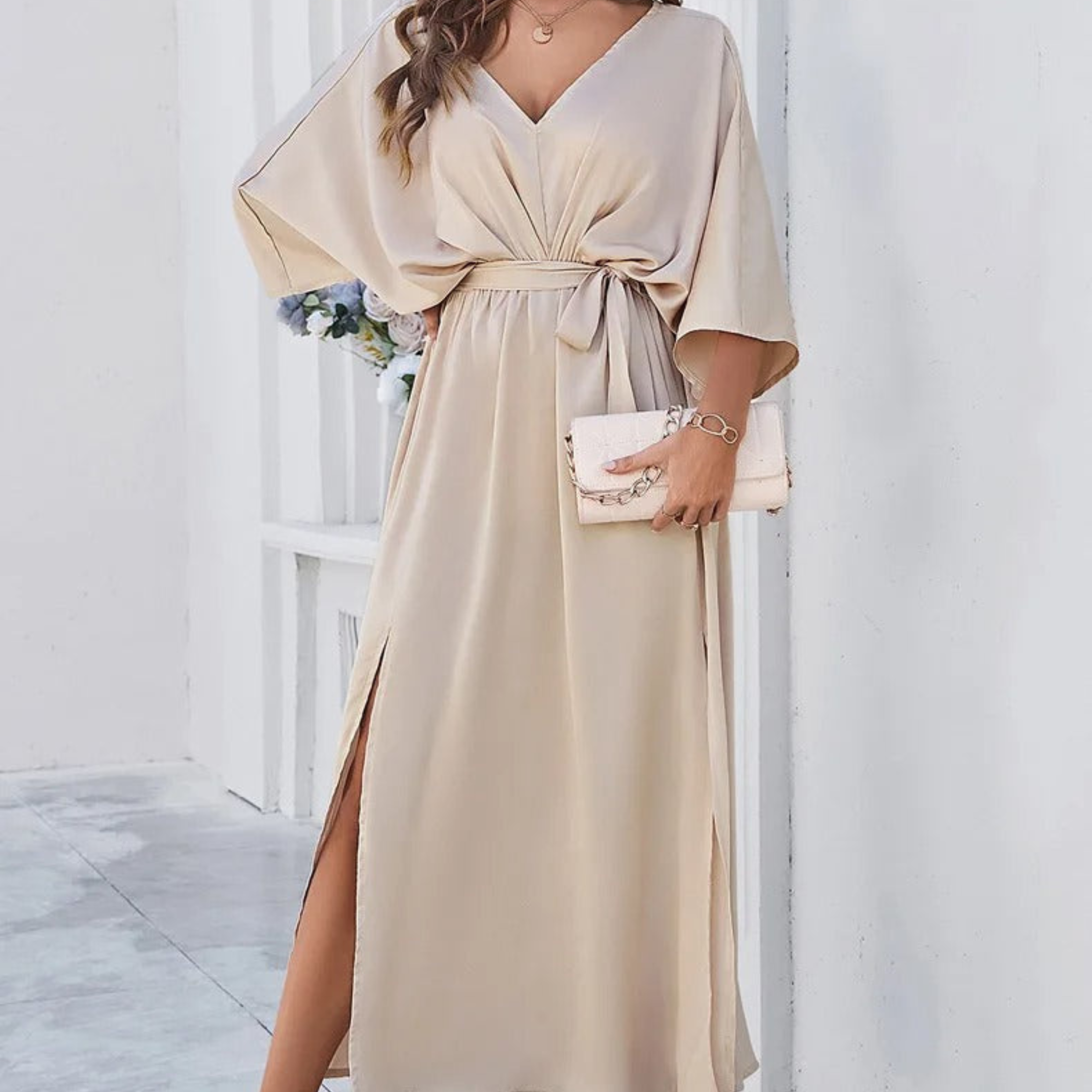 Women’s V-Neck Maxi Dress – Tie-Waist Kimono Sleeve with High Slit