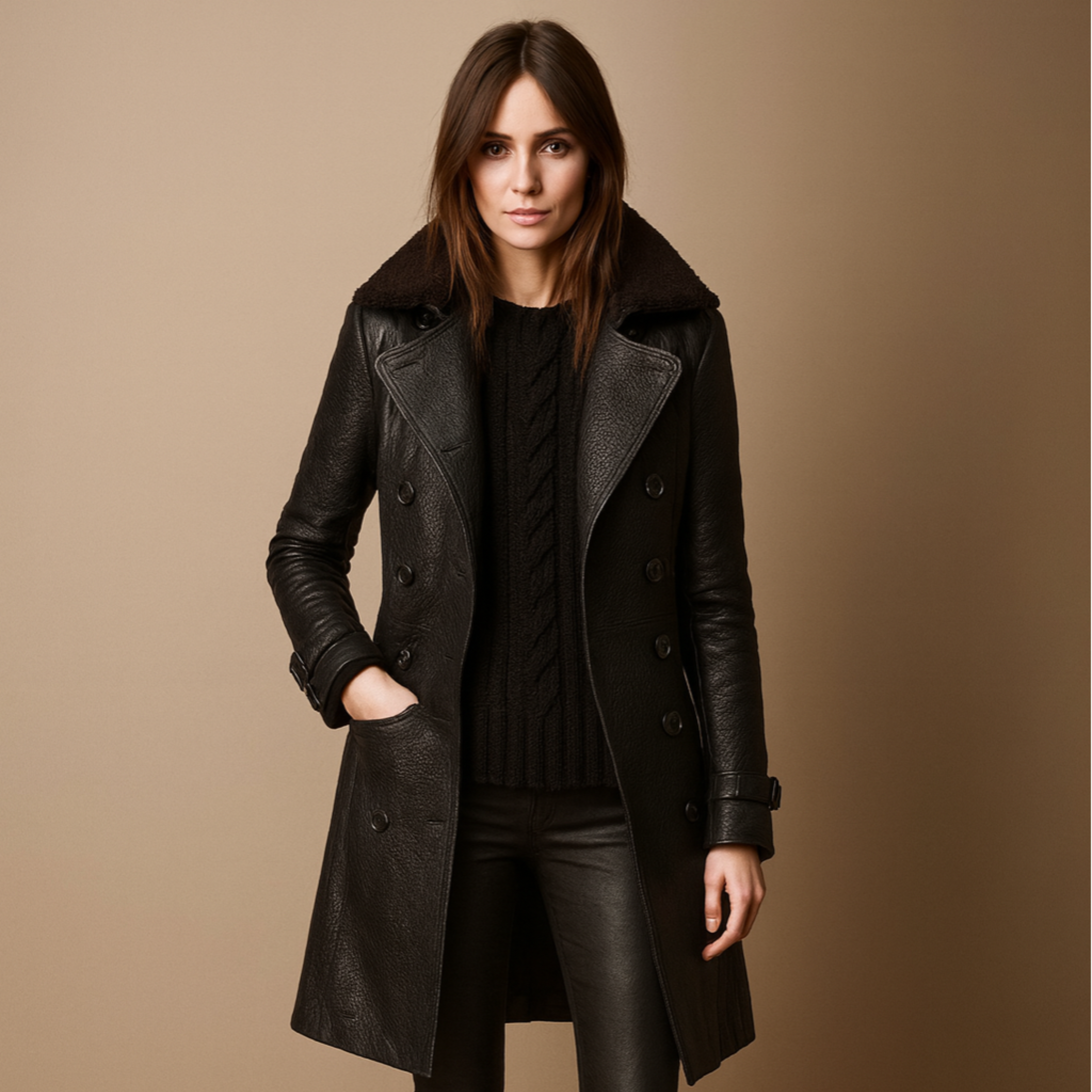 Women’s Black Faux Leather Trenchcoat – Belted, Double-Breasted