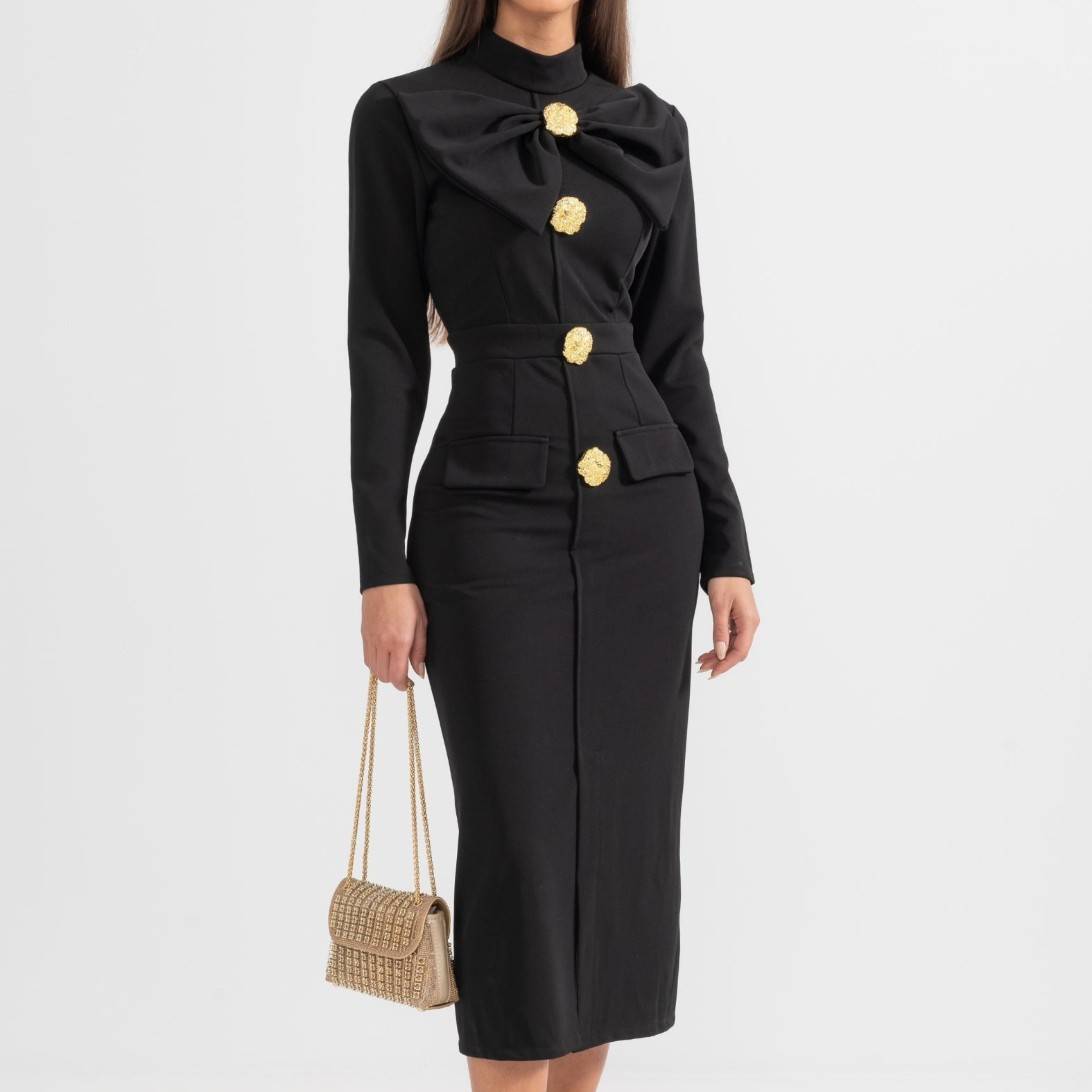 Women’s Black Long Sleeve Formal Midi Dress – Elegant Bow Detail with Gold Buttons