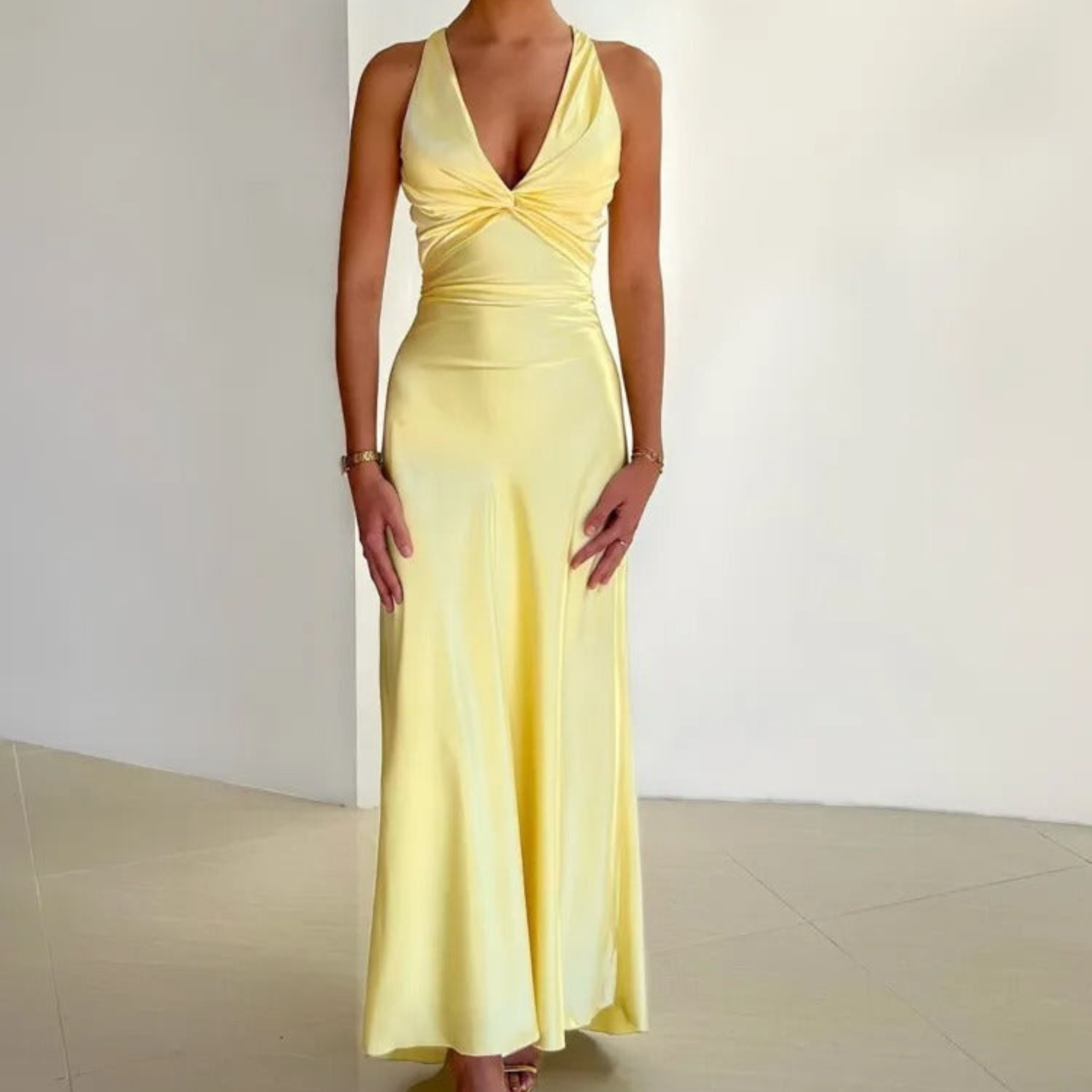 Women’s Satin Halter Neck Maxi Dress – Ruched Backless Evening Gown