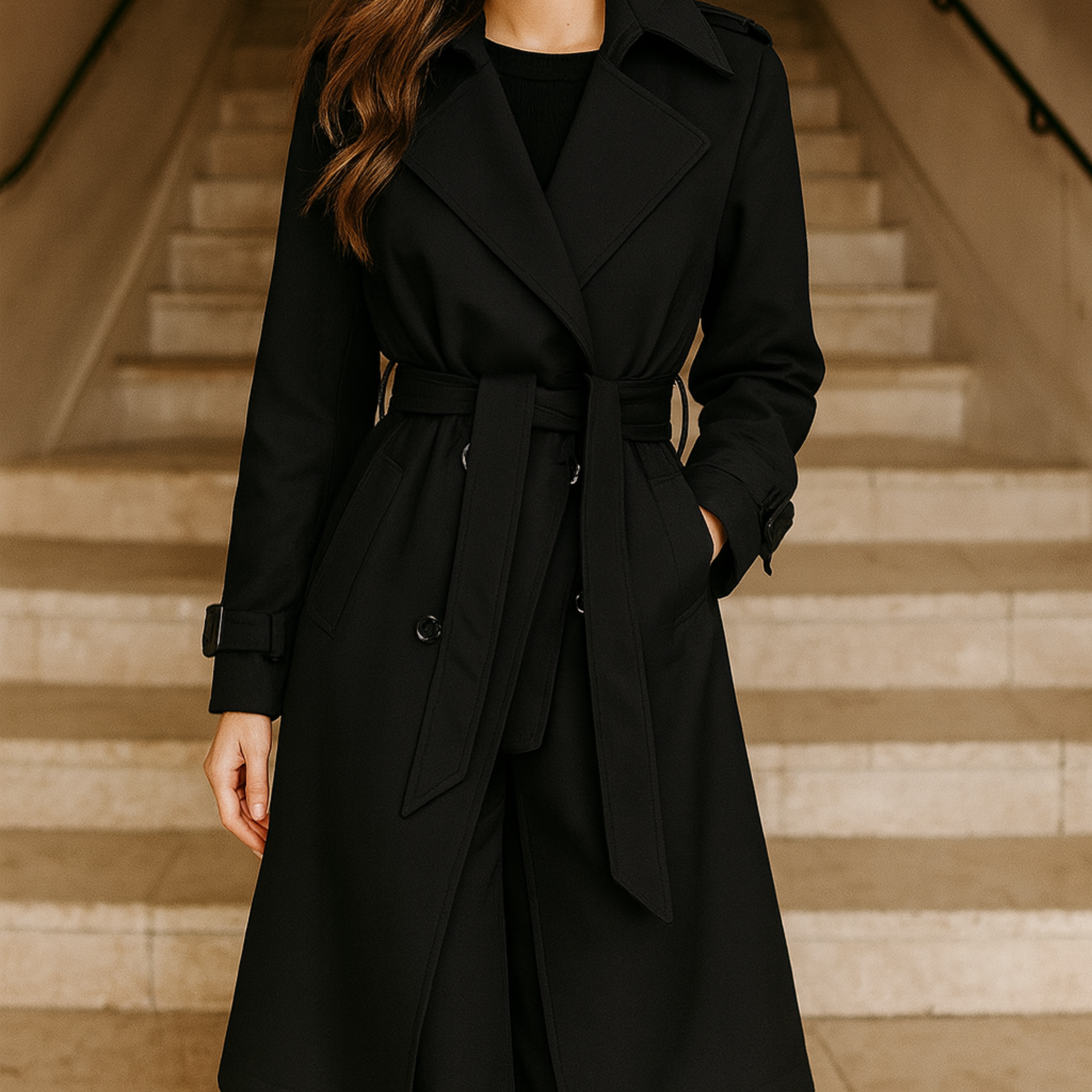 Women’s Longline Double-Breasted Trench Coat – Timeless Belted Design