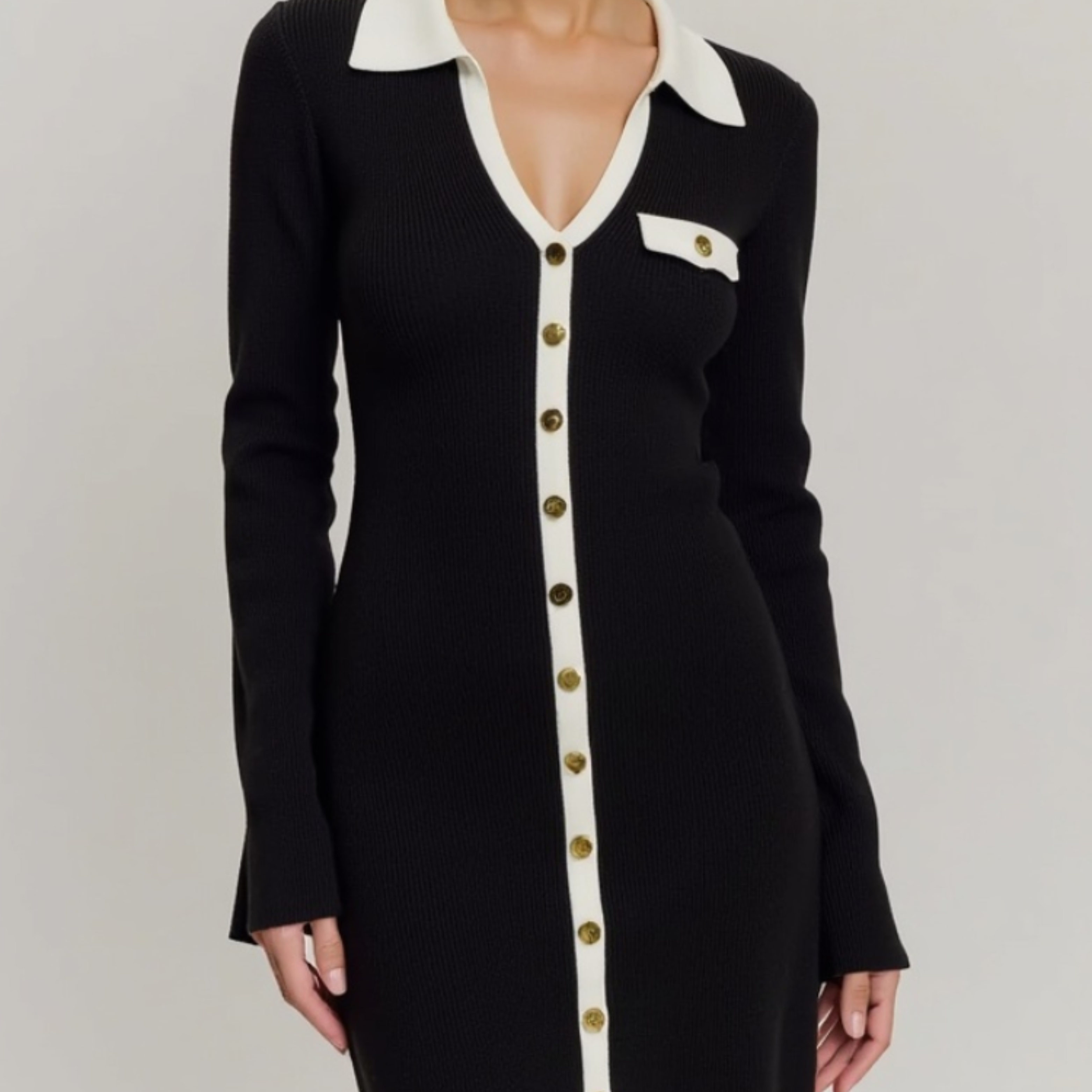 Women’s Mini Knit Dress – Contrast Trim, Collared, Button-Front