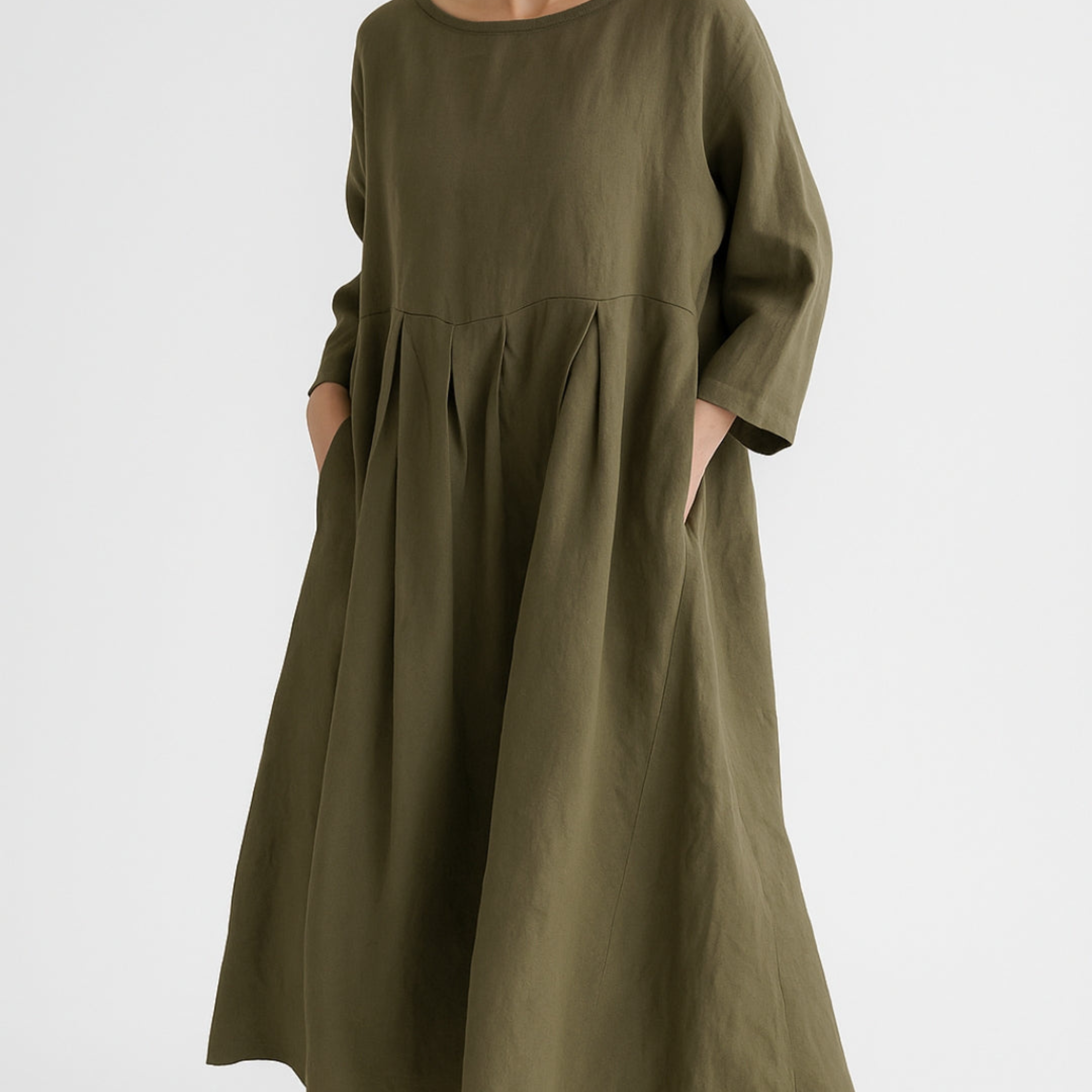 Women’s Relaxed Fit Midi Dress – Wide Silhouette with Front Pleat Detailing and Three-Quarter Sleeves