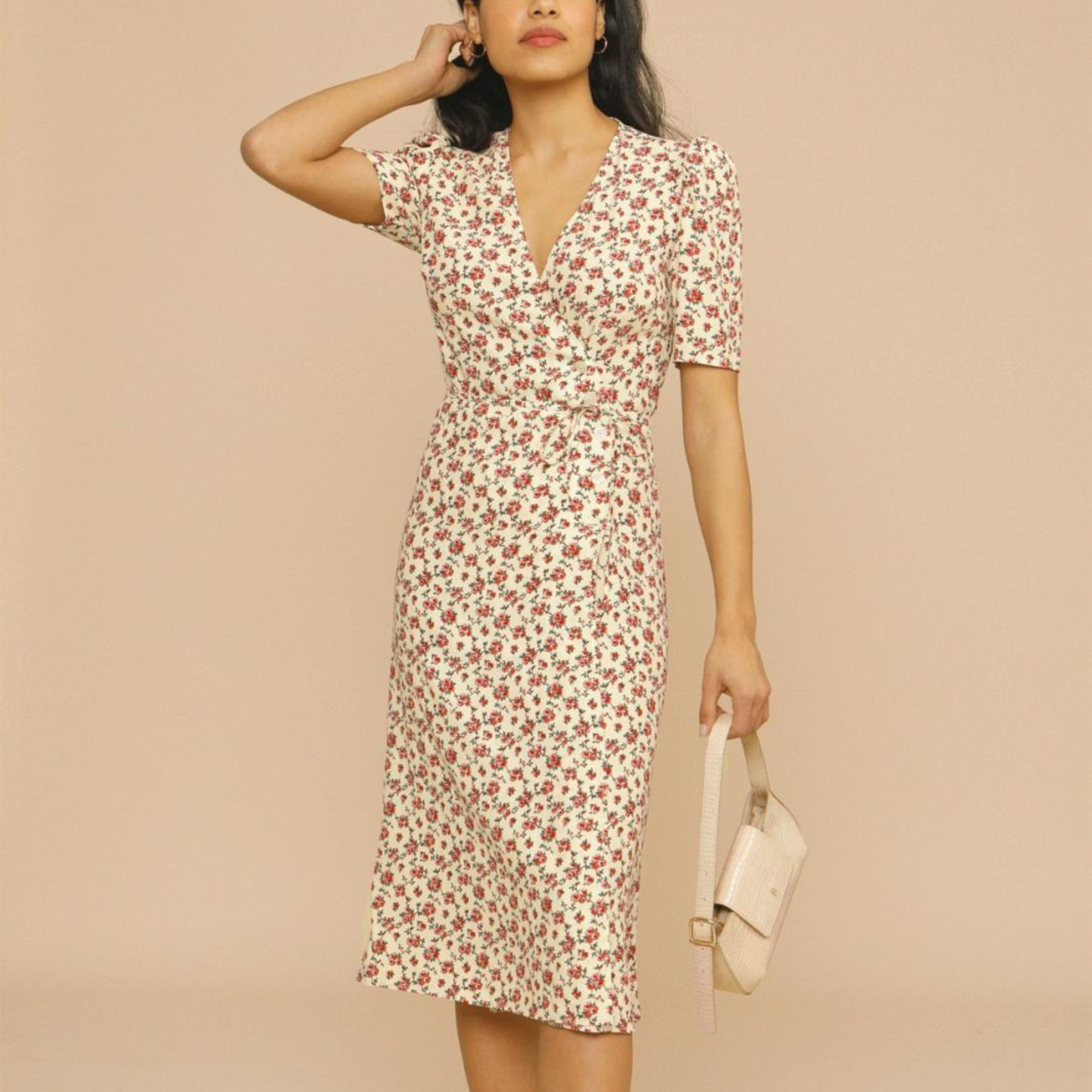 Women’s Floral Midi Dress – V-Neck Garden Party Elegance