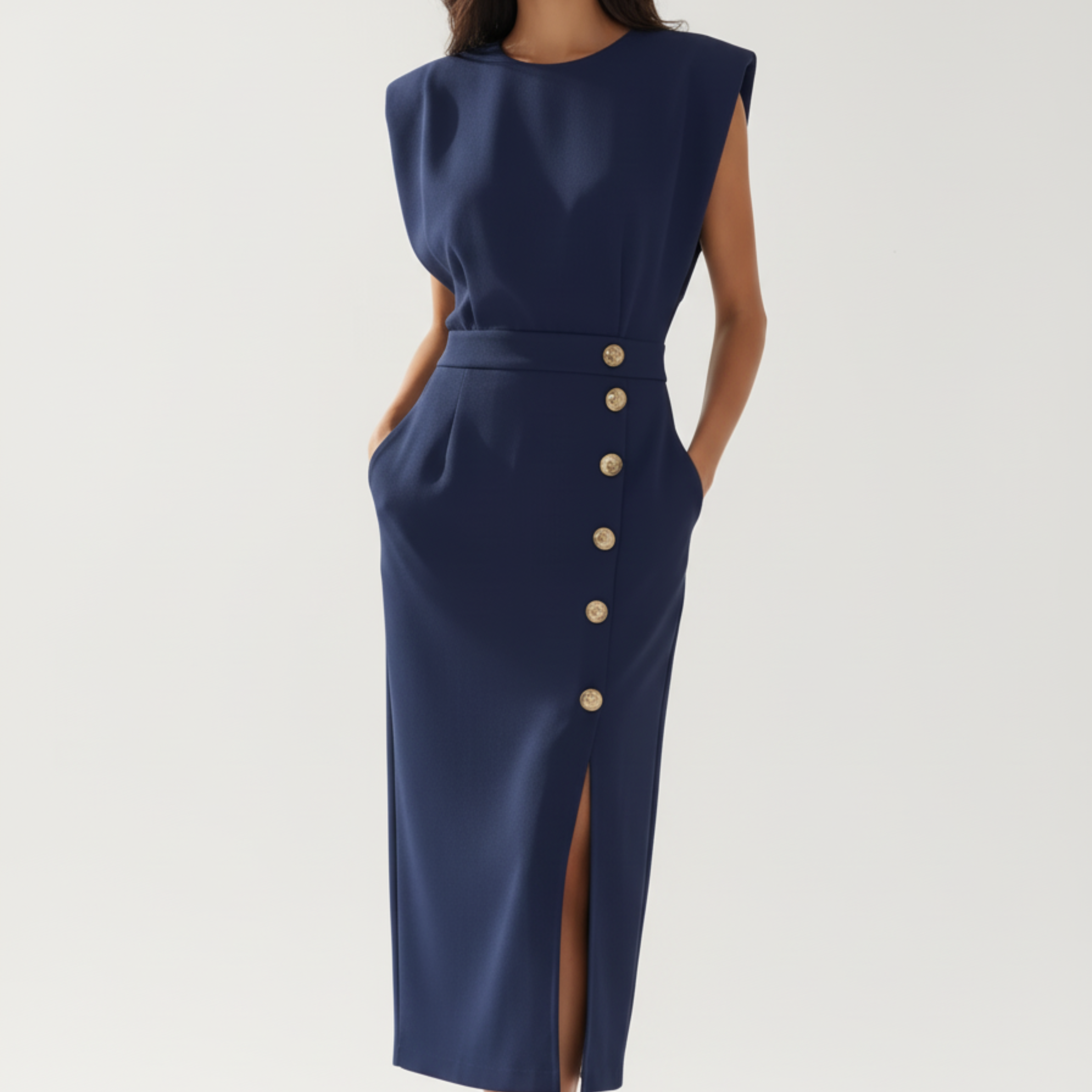 Women’s Navy Blue Midi Dress – Tailored Fit – Side Slit – Button Front