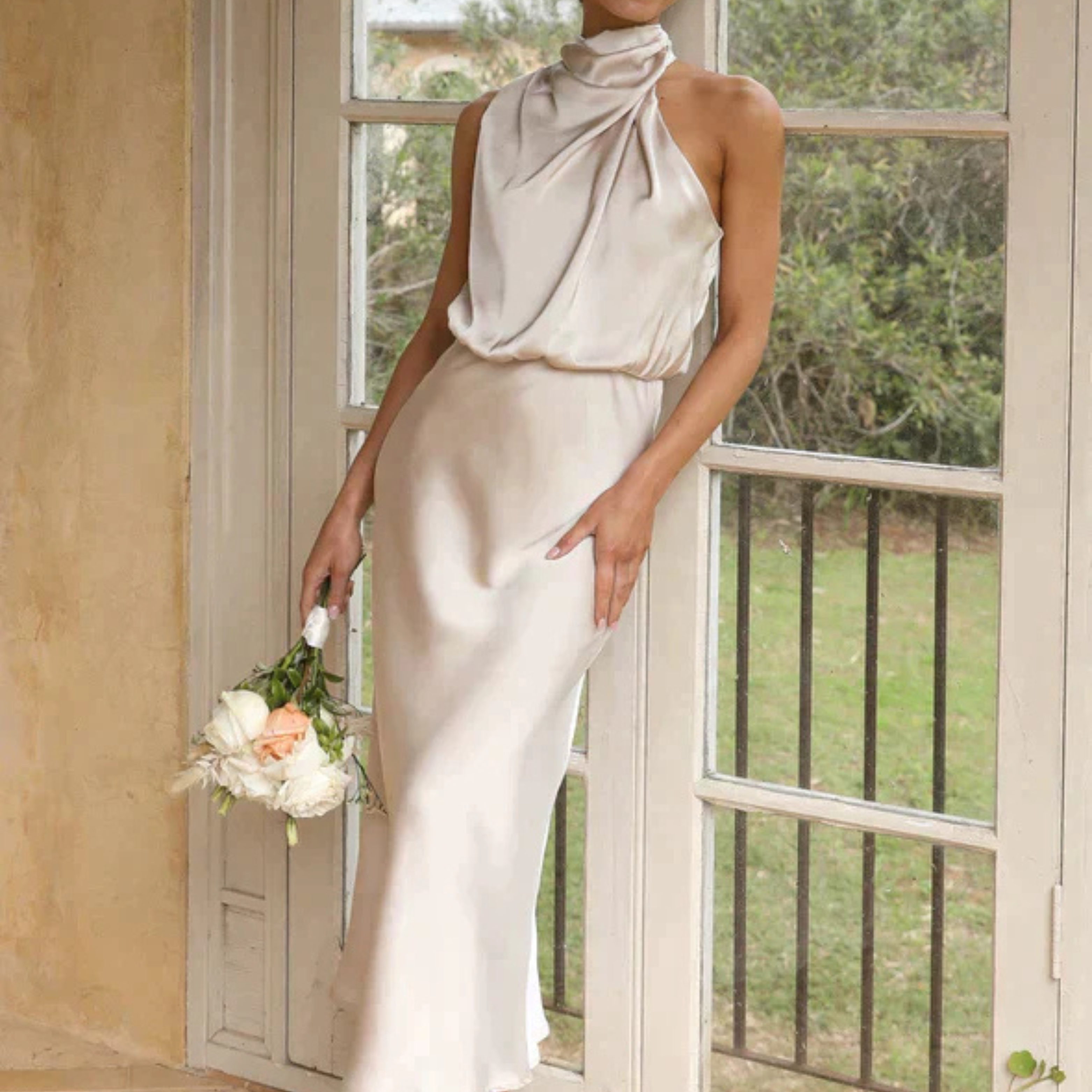 Women’s Elegant Halter Midi Dress – Draped Neckline with Fluid Silhouette