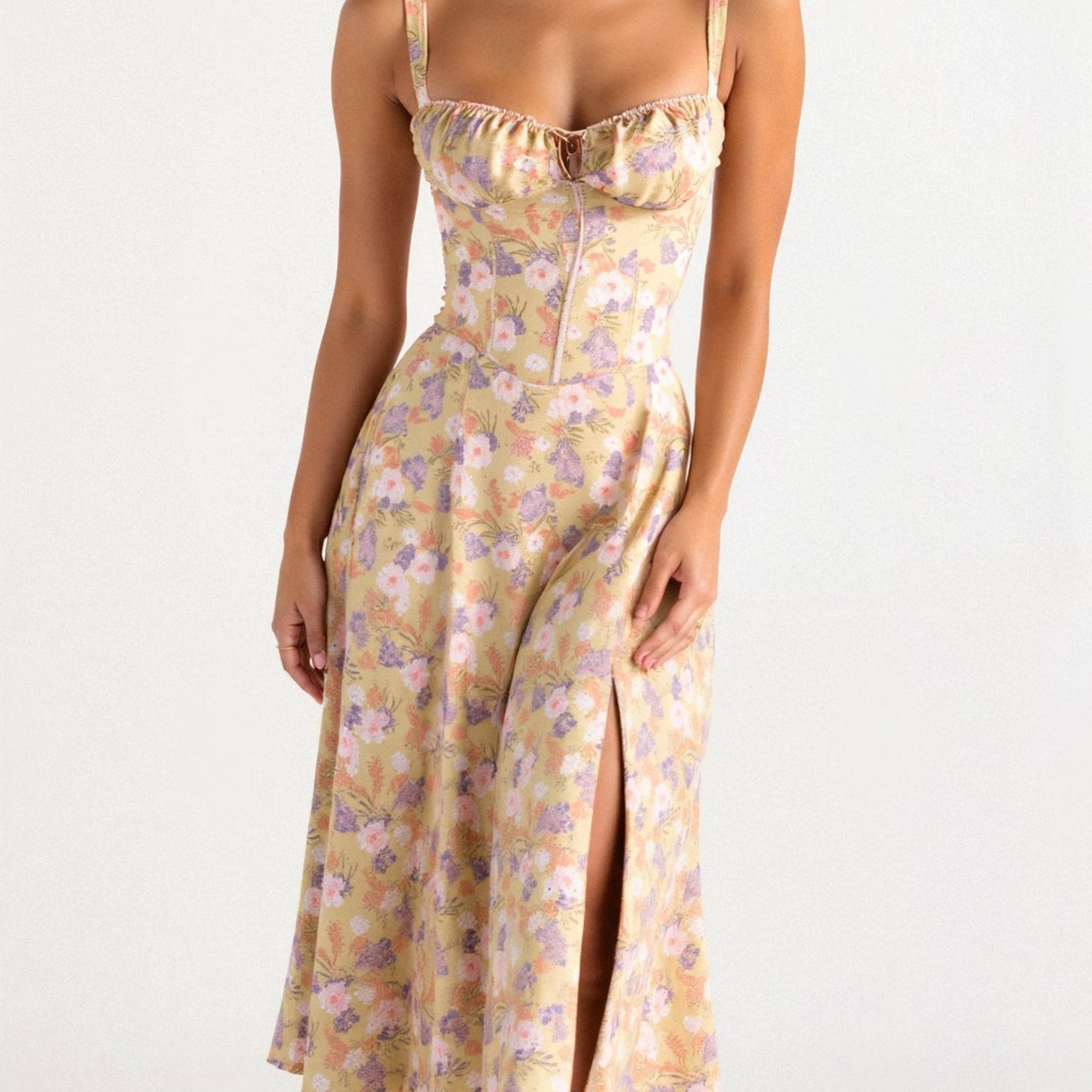 Corset Midi Dress – Tailored Waist and Flowing Skirt