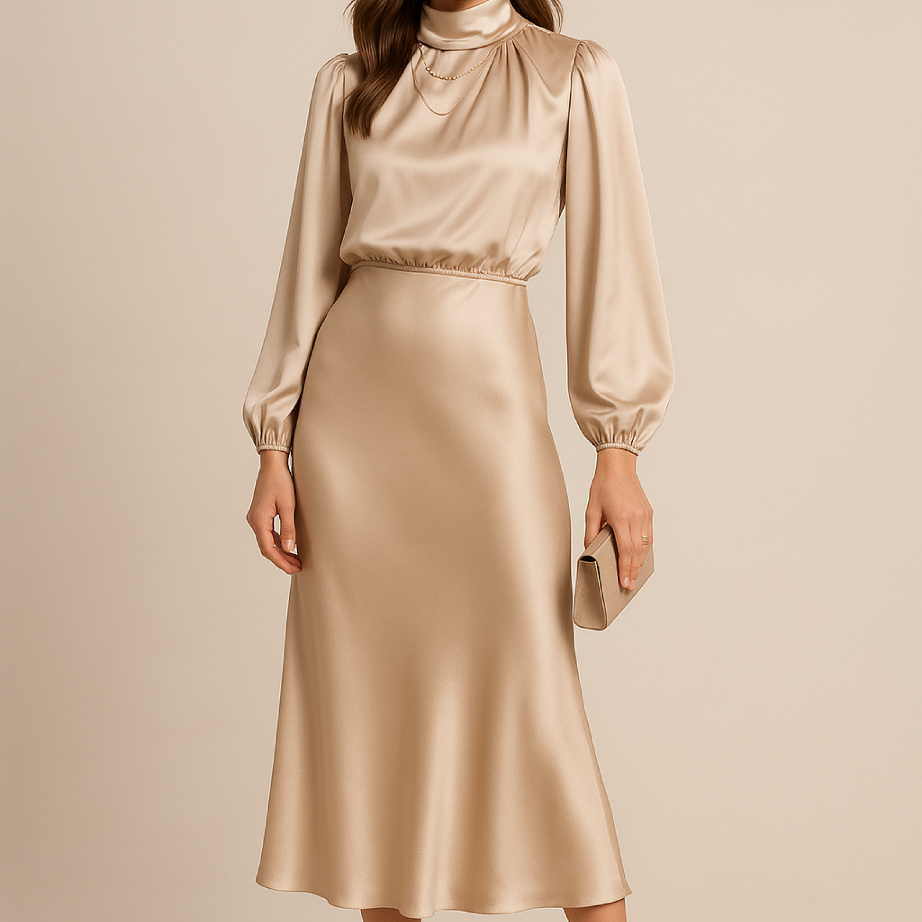 Women’s High Neck Midi Dress – Elegant High Waist Silhouette