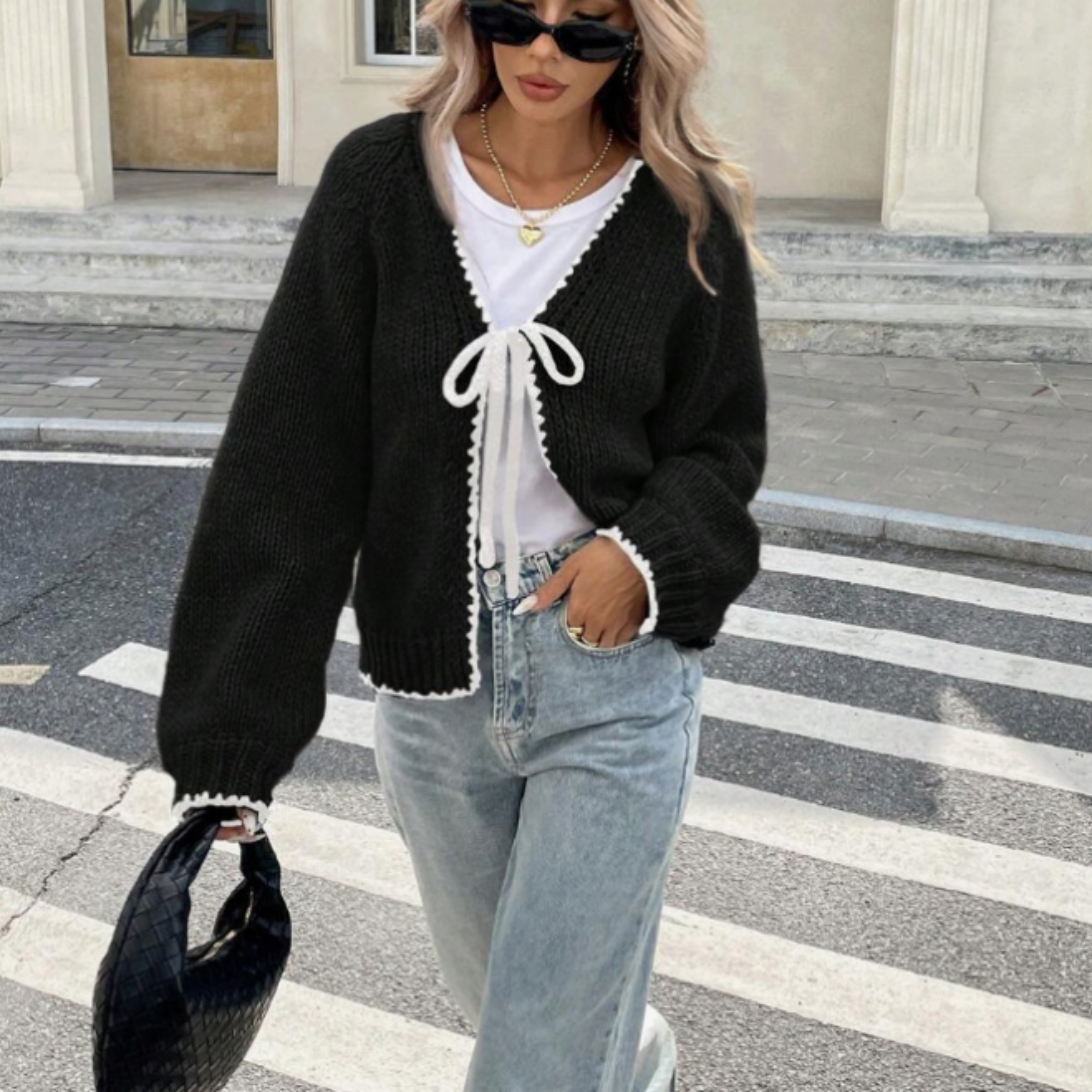 Women’s Tie-Front Cardigan – Cropped Knit Layer with Contrast Trim