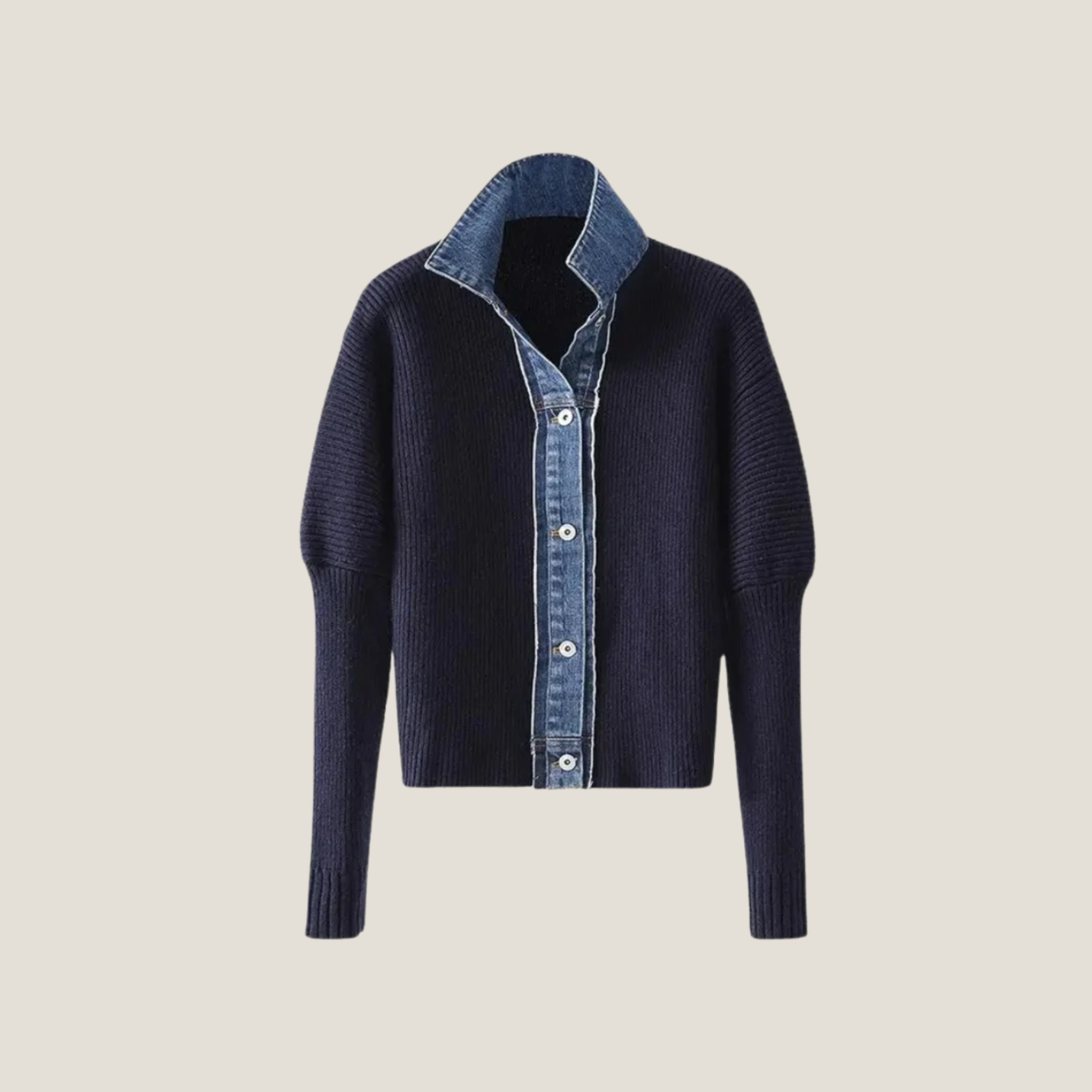 Women’s Navy Knit Cardigan – Button-Front Design with Denim-Style Trim for Smart Casual Layering