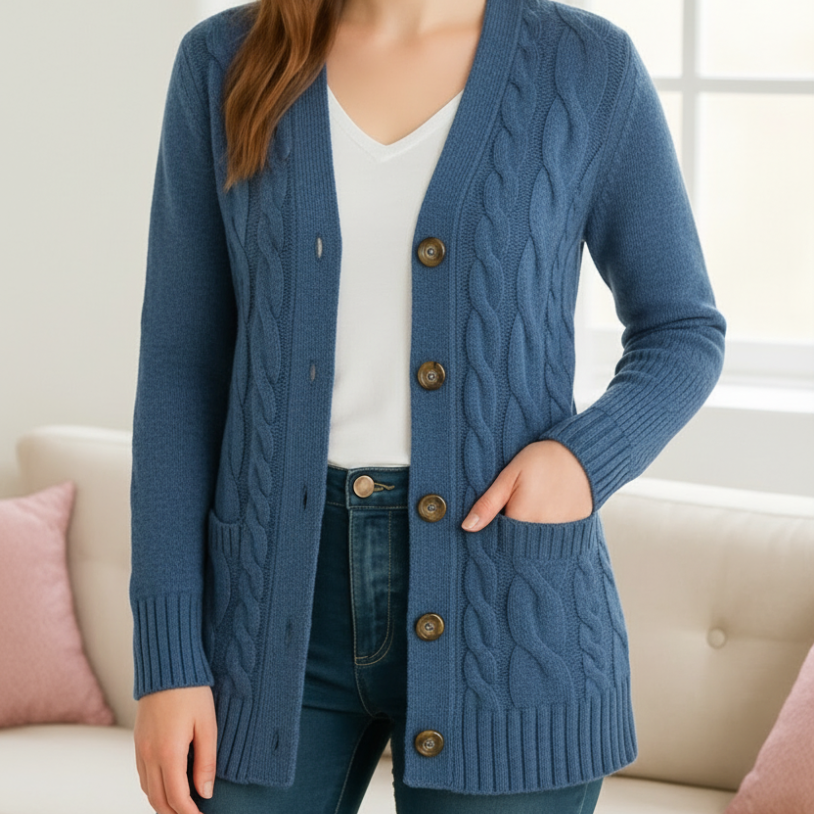 Women’s Cable Knit Cardigan Sweater – Long Sleeve Loose Fit Autumn/Winter Layering