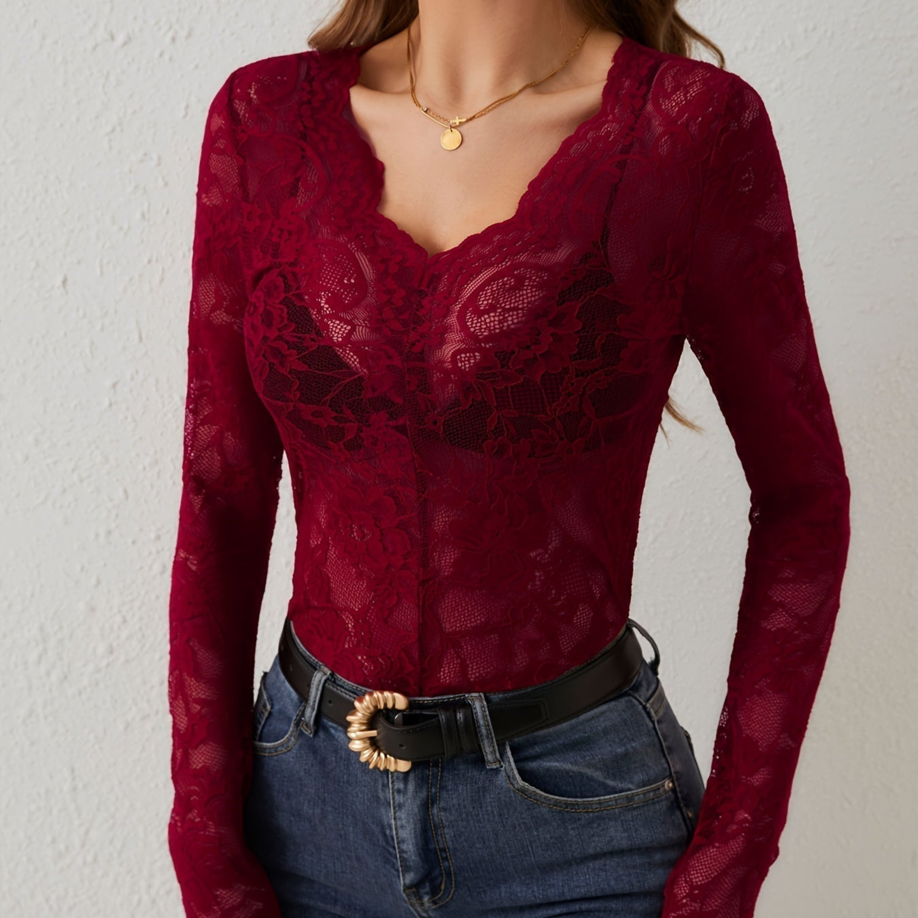 Women’s V-Neck Lace Style Top – Slim Fit Long Sleeves