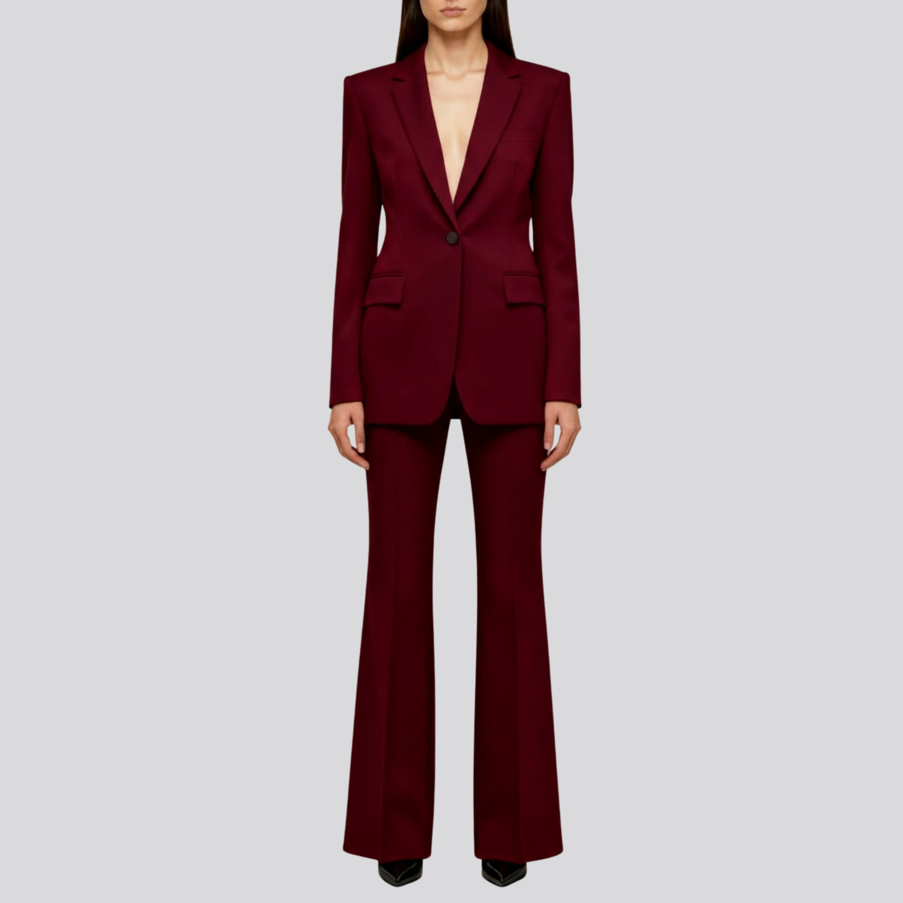 Women’s Burgundy Tailored Two-Piece Suit – Sculpted Blazer and Flared Trousers Set