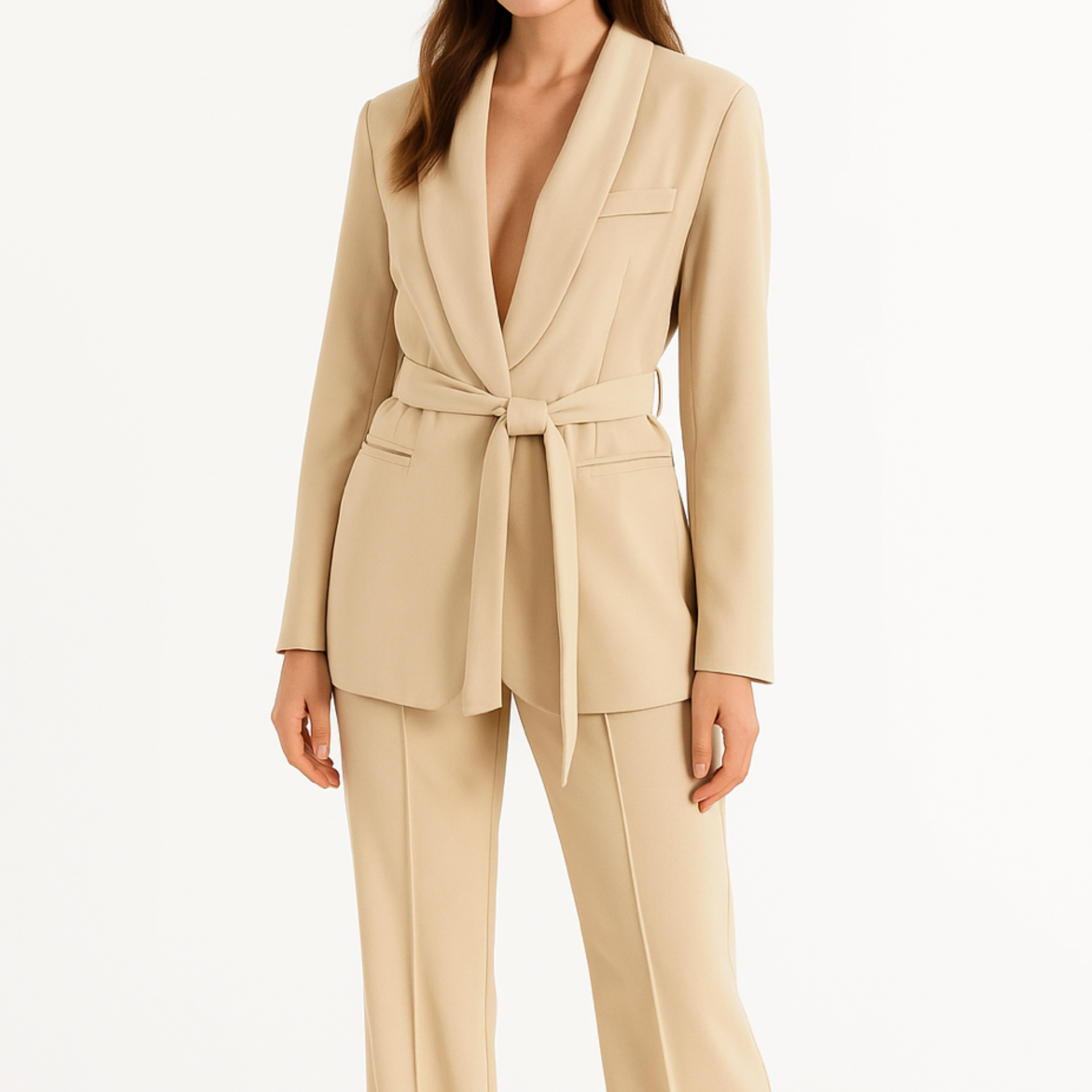Women’s Belted Blazer and Wide-Leg Trousers Set – Elegant Tailored Two-Piece