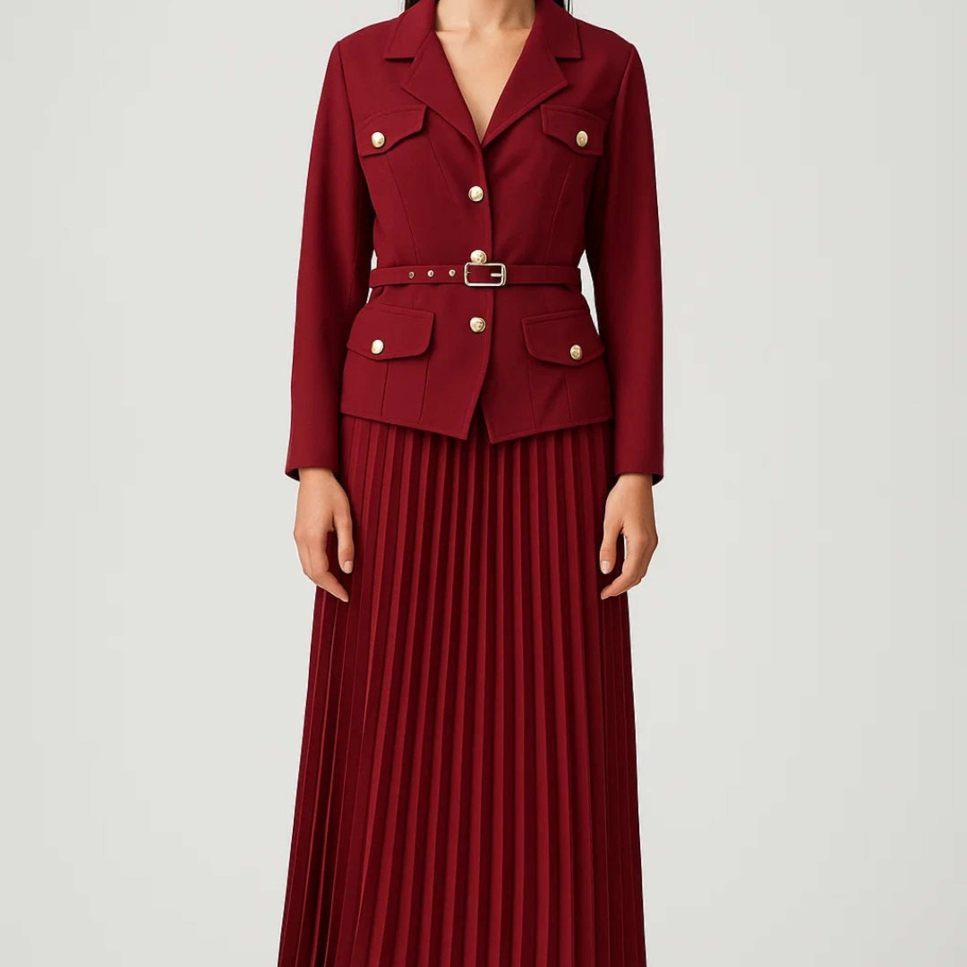 Women’s Elegant Double-Breasted Blazer and Pleated Midi Skirt Set – Tailored Formal Two-Piece in Bordeaux