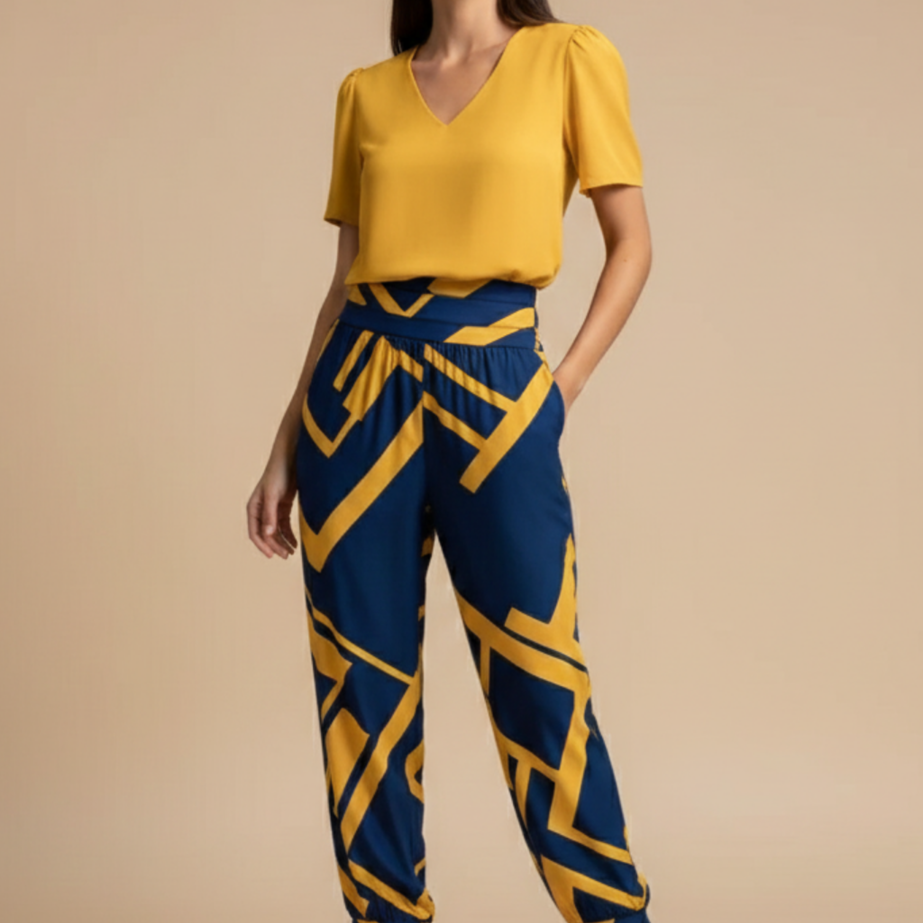Women’s Blouse and Trousers Set – V-Neck Short Sleeve Top with Patterned Straight-Leg Trousers for Smart Casual Wear