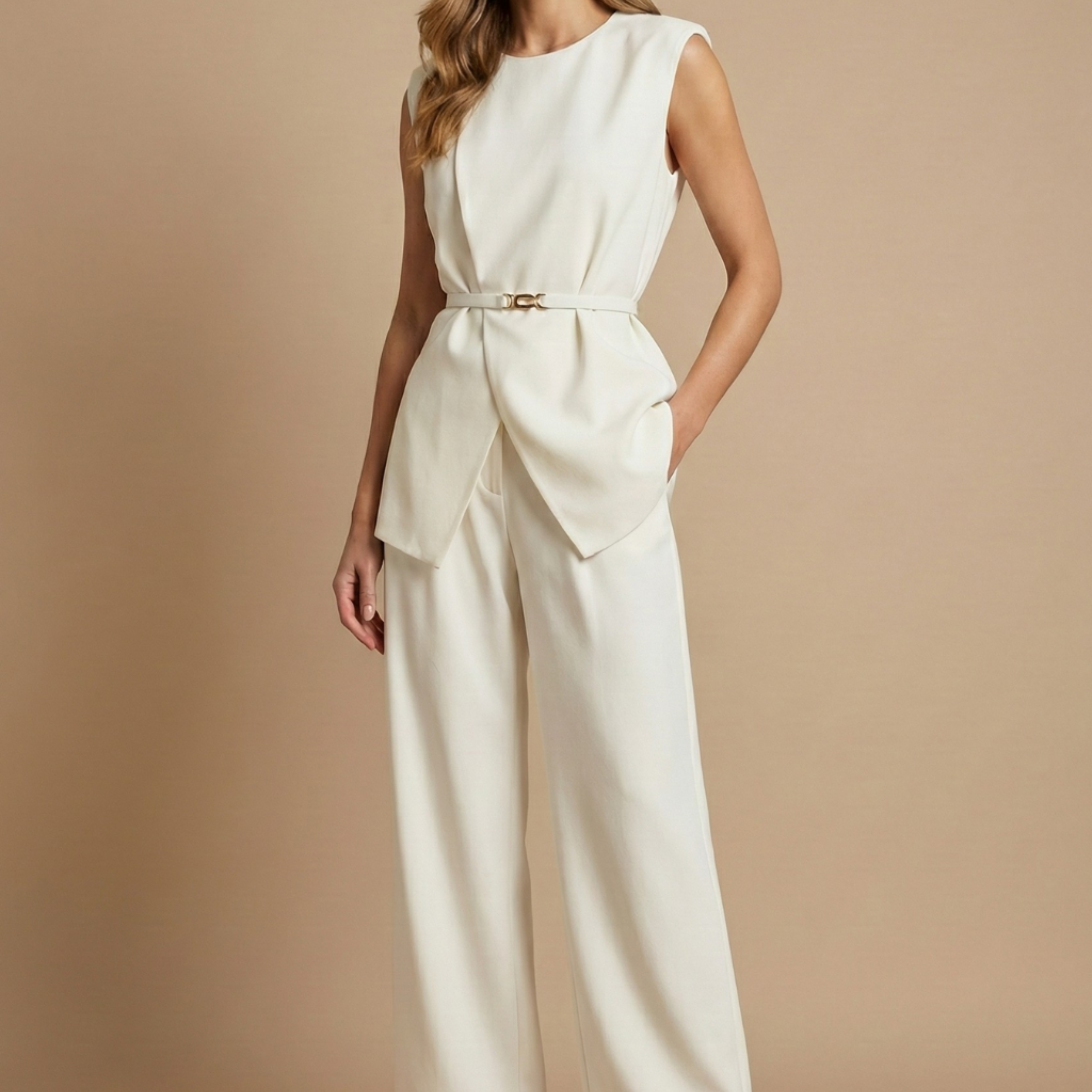 Women’s Elegant Two-Piece Set – Sleeveless Structured Top and Wide-Leg Trousers for Formal and Smart Occasions