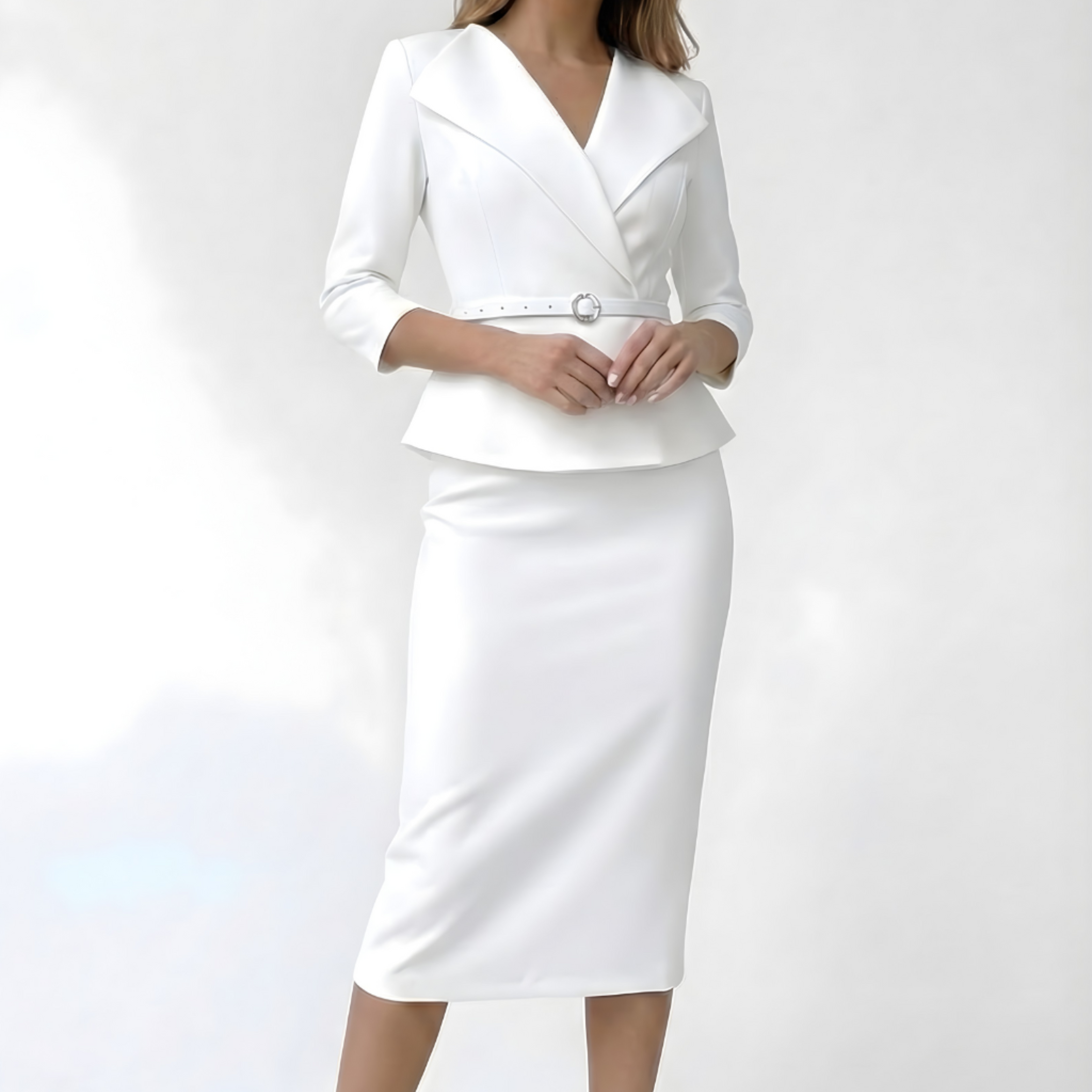 Women’s Elegant Two-Piece Suit – Fitted Blazer and Pencil Midi Skirt Set