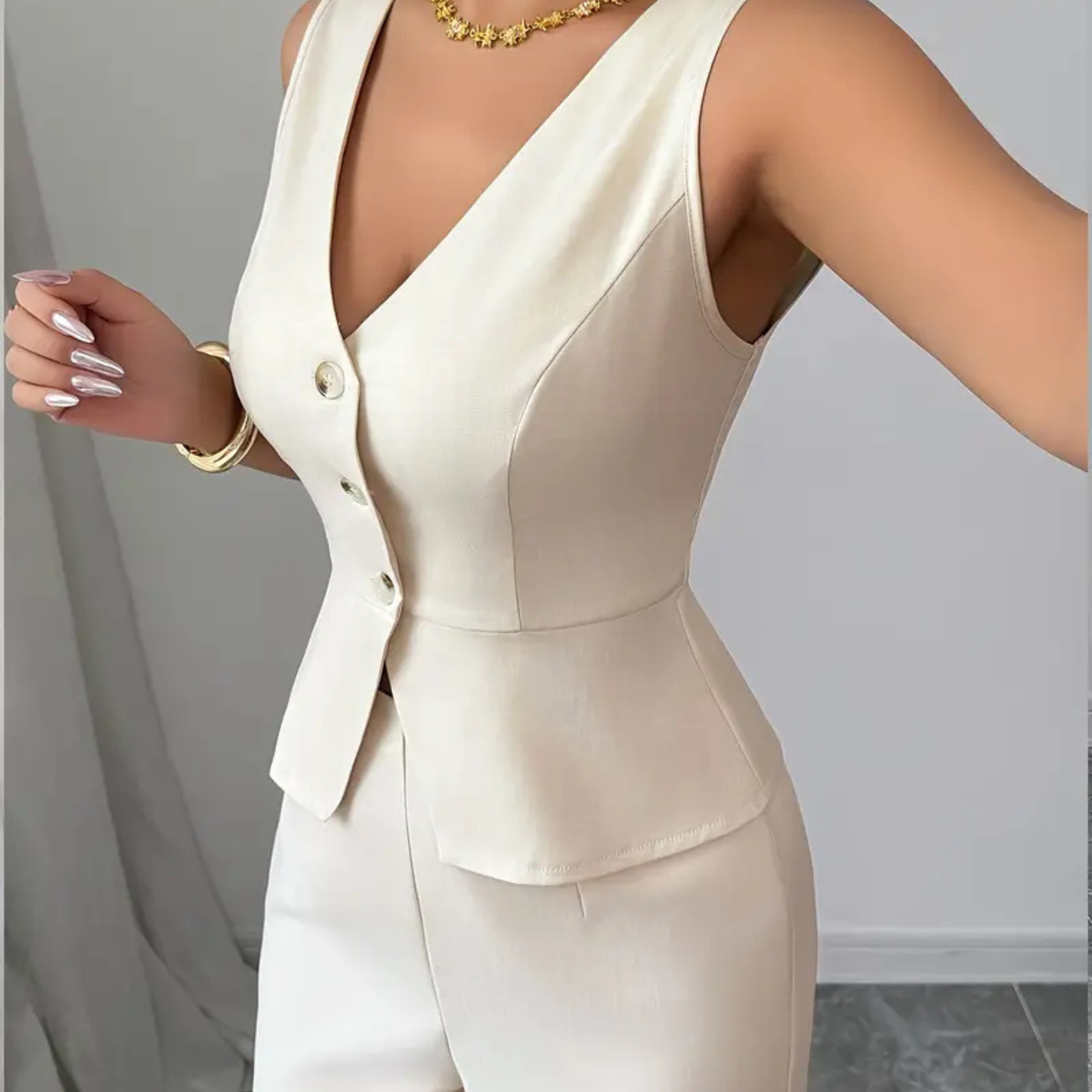 Women's Tailored Wide-Leg Cream Trouser Set – Elegant Waistcoat Cut