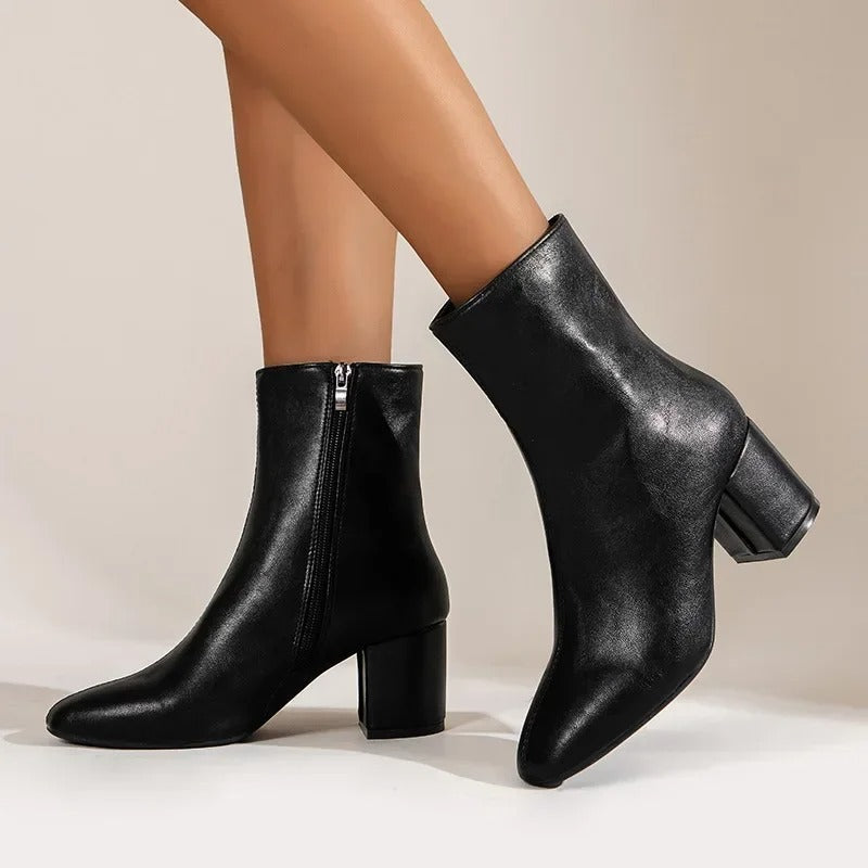Women’s Ankle Boots – Block Heel Zip-Up Boots with Pointed Toe
