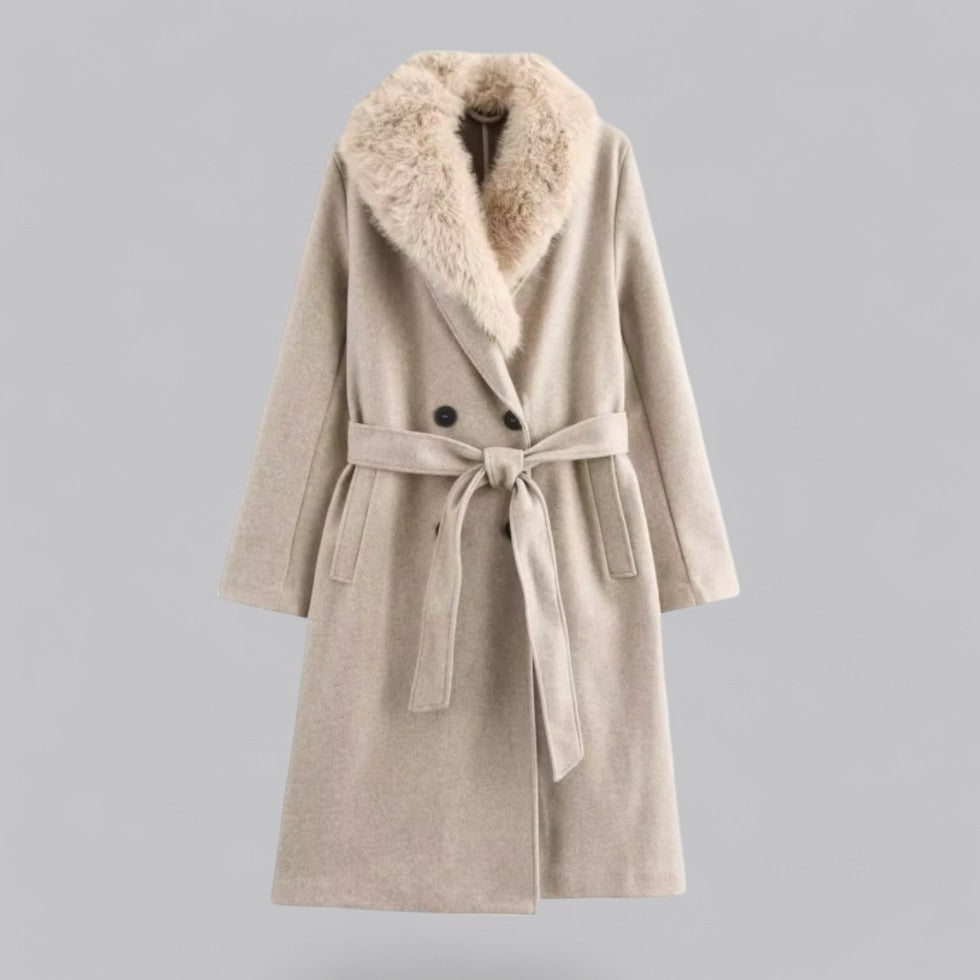 Women’s Beige Double-Breasted Trench Coat with Faux Fur Collar – Belted Longline Design