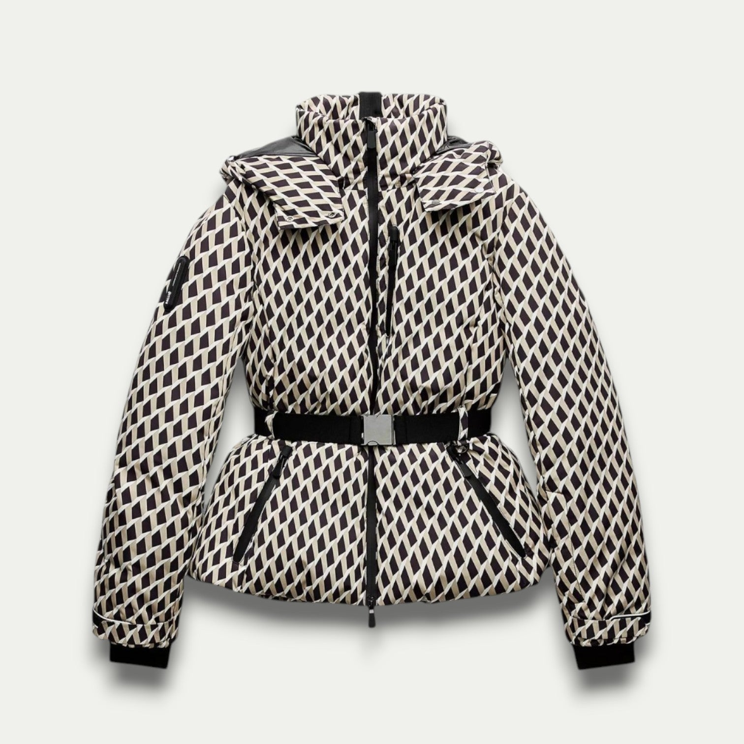 Women’s Beige Patterned Puffer Jacket – Belted, Water-Resistant, Insulated