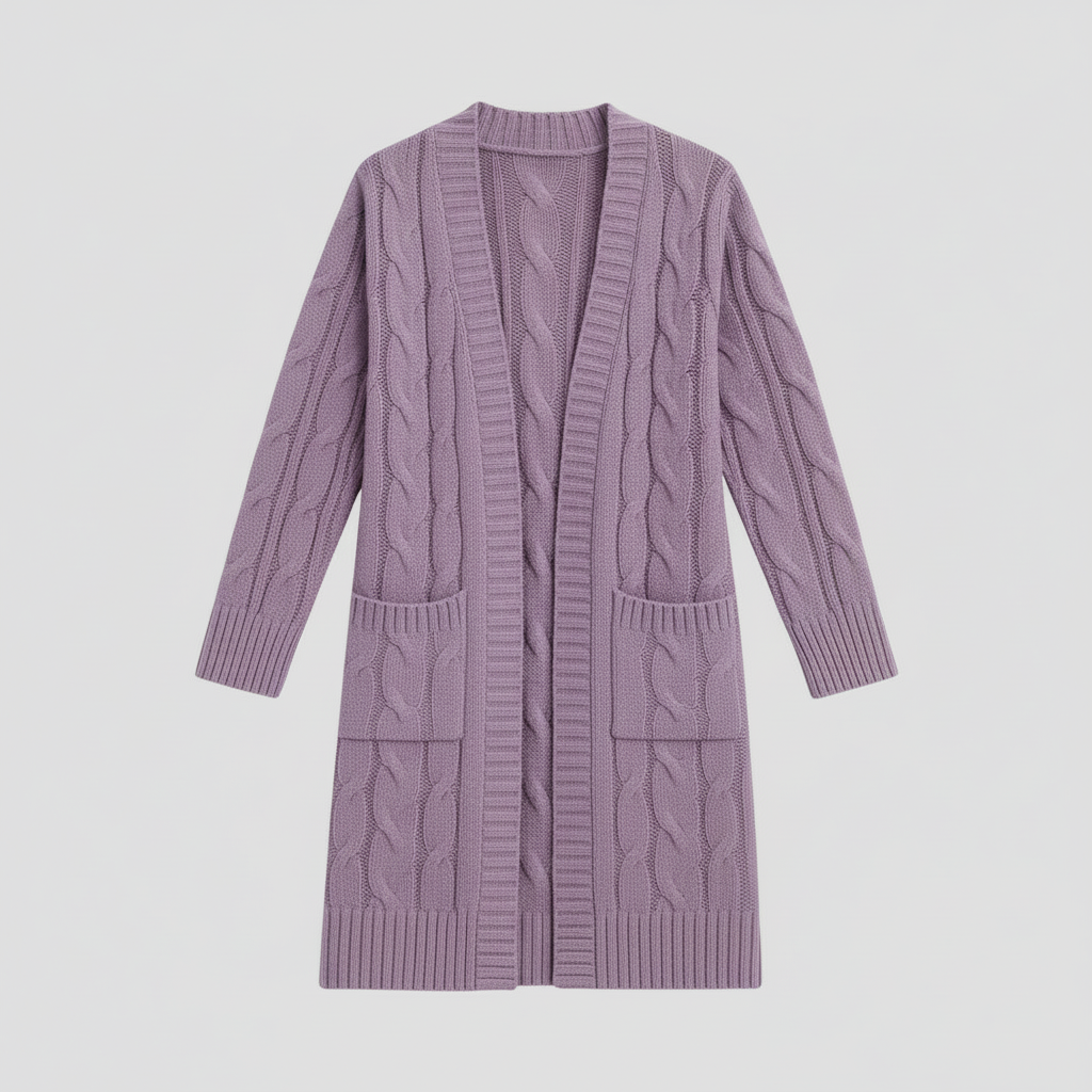 Women’s Cable Knit Long Cardigan – Open Front Design with Pockets
