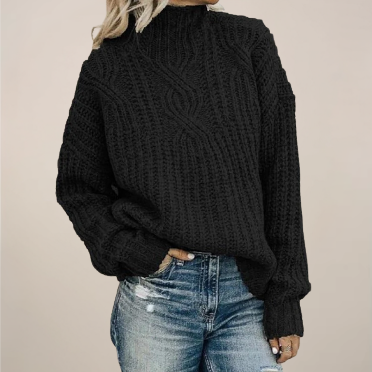 Women’s Cable Knit Sweater – Black, Mock Neck, Relaxed Fit
