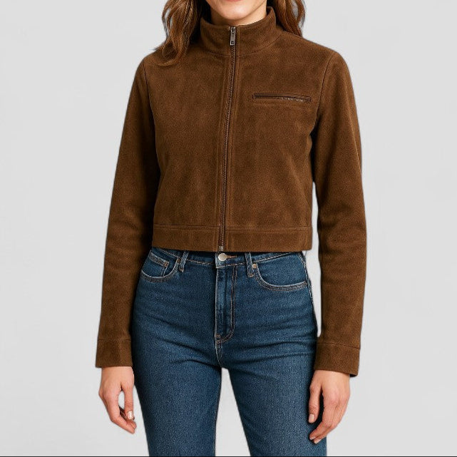 Women’s Cropped Suede-Style Jacket with Zip Detail