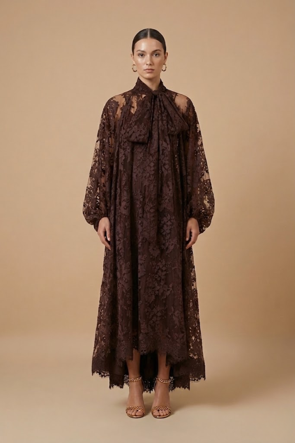 Women’s Elegant Maxi Dress – Sheer Lace Design with High Neck, Long Sleeves and Ribbon Detail