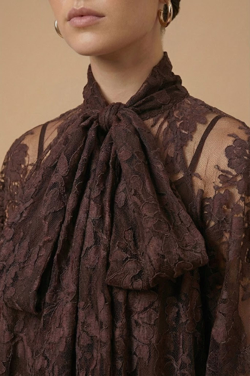 Women’s Elegant Maxi Dress – Sheer Lace Design with High Neck, Long Sleeves and Ribbon Detail