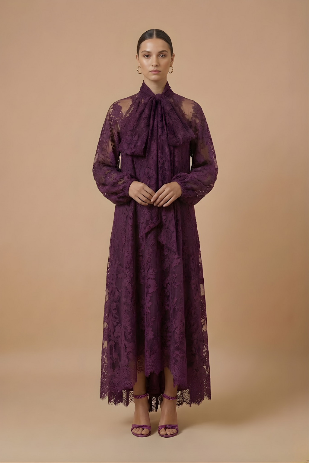 Women’s Elegant Maxi Dress – Sheer Lace Design with High Neck, Long Sleeves and Ribbon Detail
