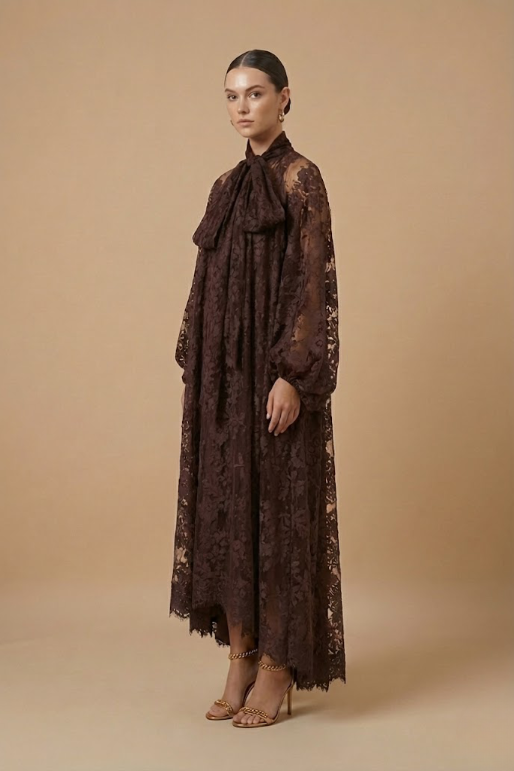 Women’s Elegant Maxi Dress – Sheer Lace Design with High Neck, Long Sleeves and Ribbon Detail
