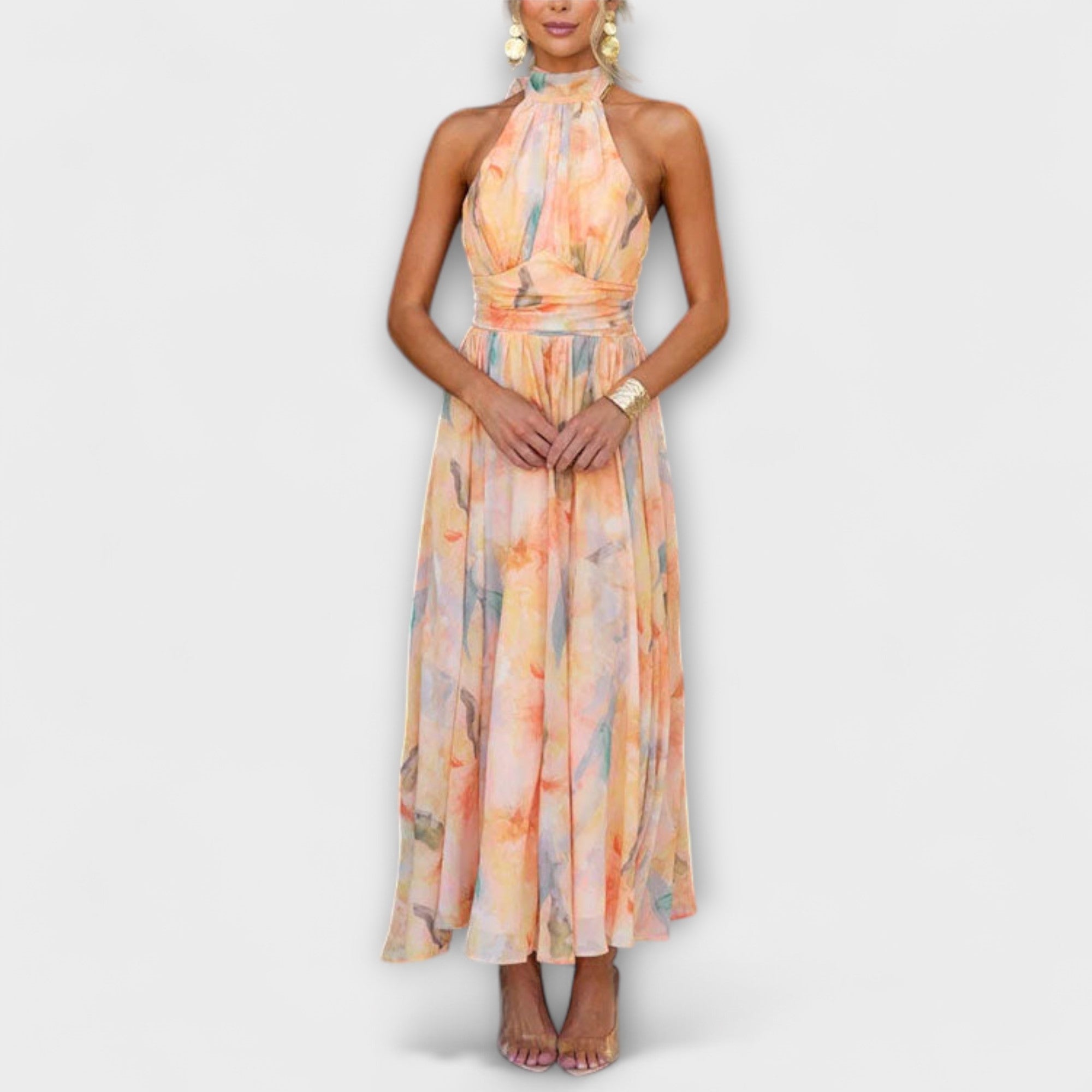 Women’s Flowy Halter Neck Backless Maxi Dress – Watercolour Print